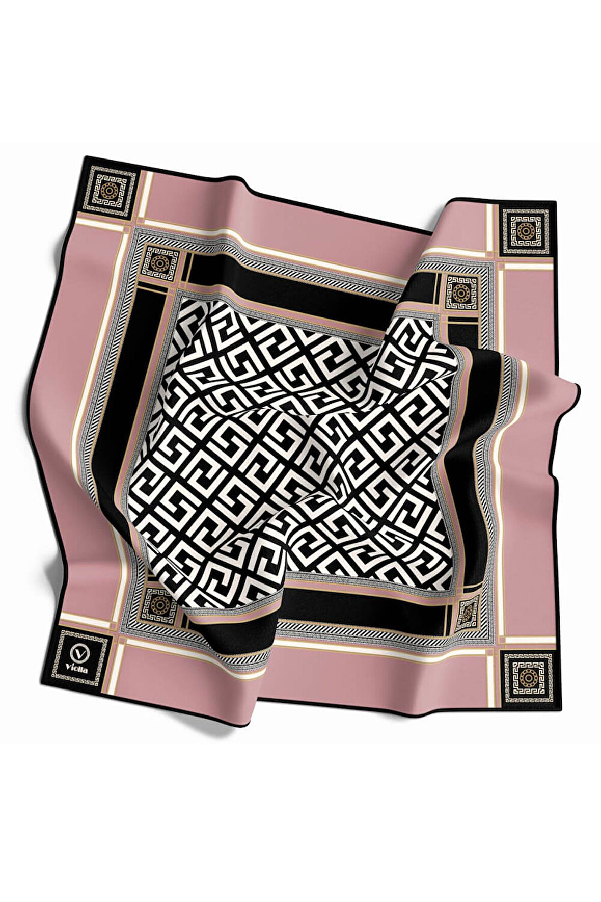 Twill Antik Desenli Pudra Renkli 90x90 Eşarp (İpek İçermez) Kenar Dikiş Şekli El Dikişli