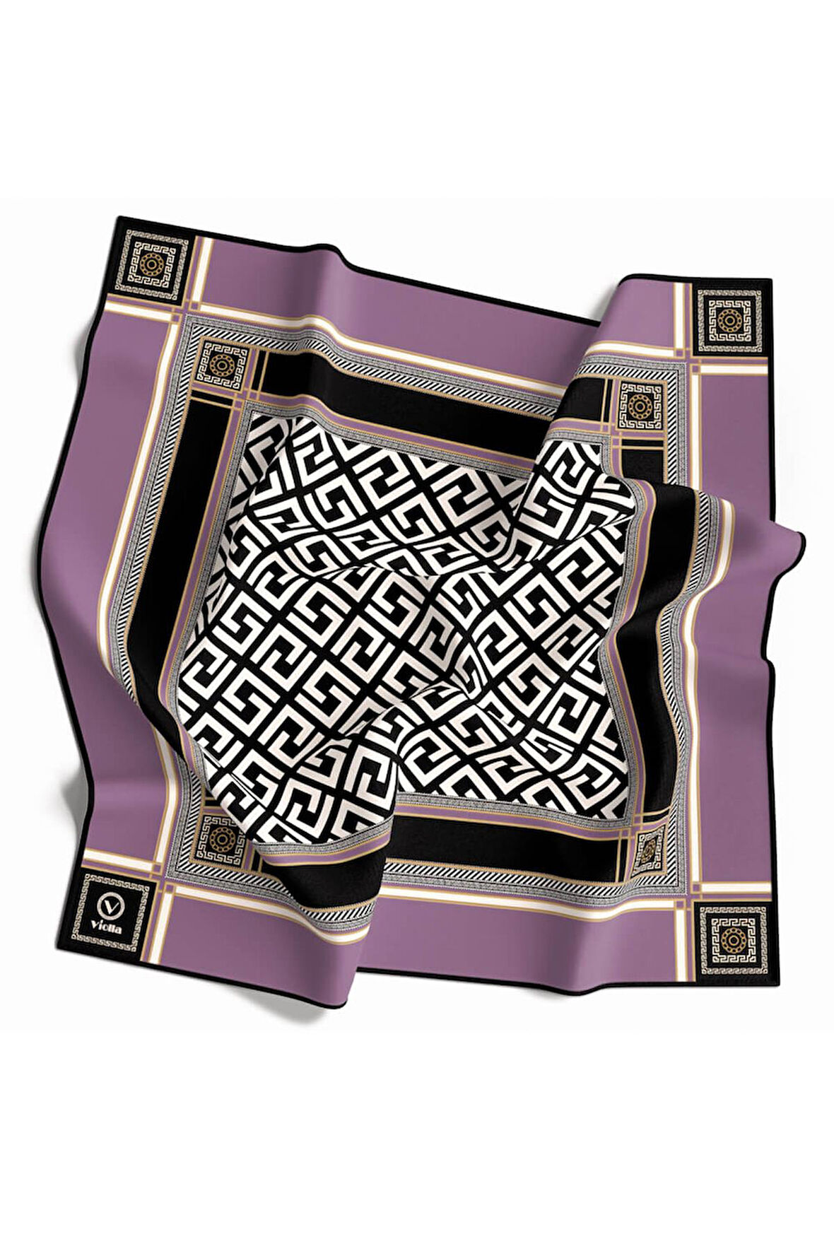 Twill Antik Desenli Lila Renkli 90x90 Eşarp (İpek İçermez) Kenar Dikiş Şekli El Dikişli