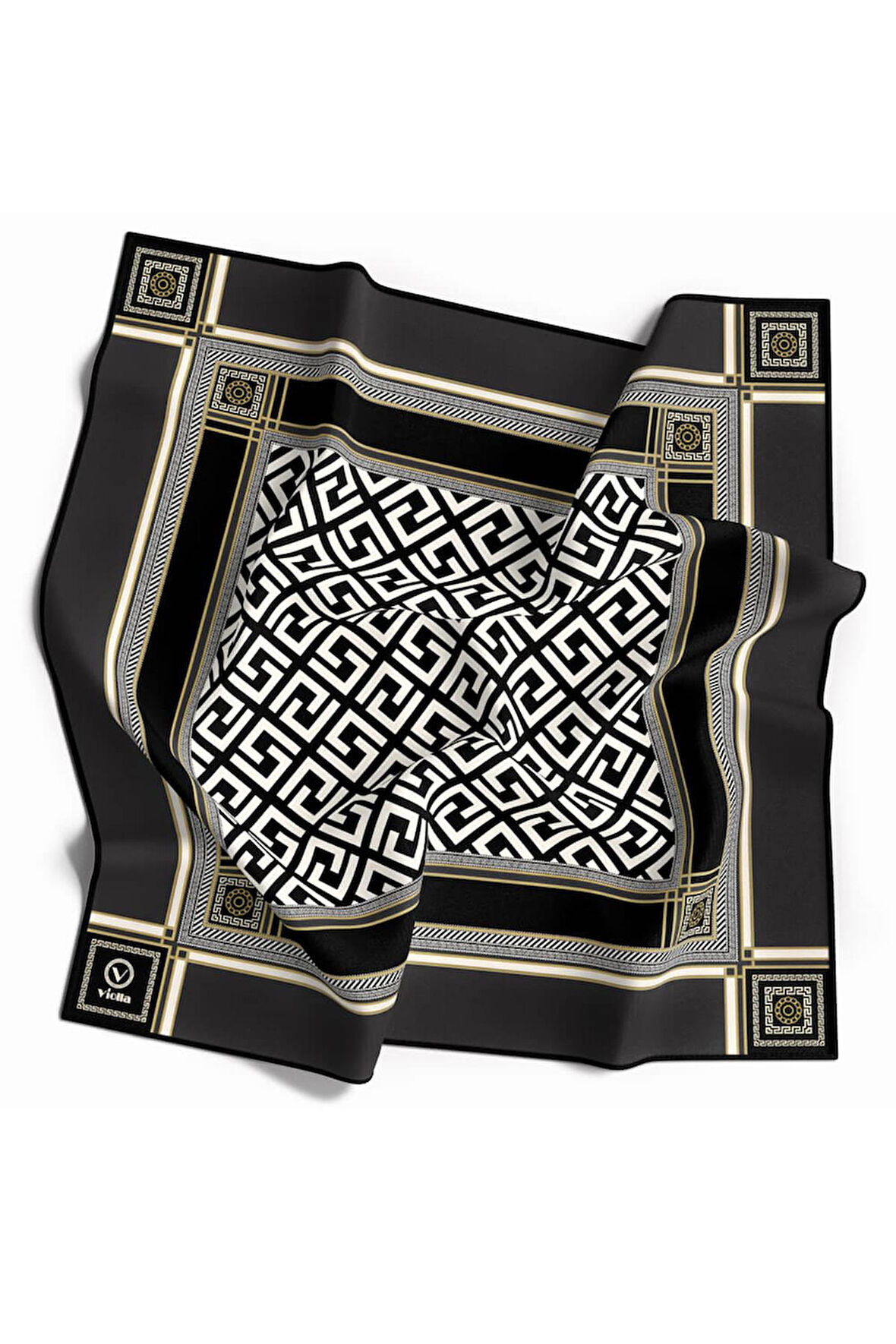 Twill Antik Desenli Füme Renkli 90x90 Eşarp (İpek İçermez) Kenar Dikiş Şekli El Dikişli