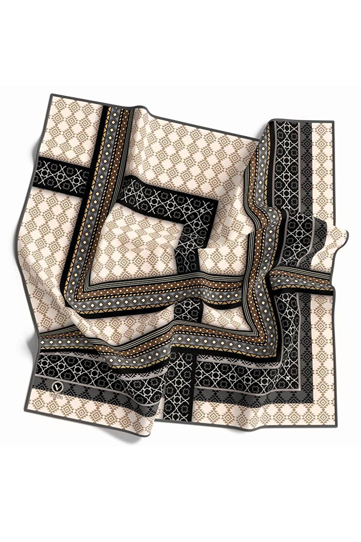 Twill Etnik Desenli Gri Renkli 90x90 Eşarp (İpek İçermez) Kenar Dikiş Şekli El Dikişli