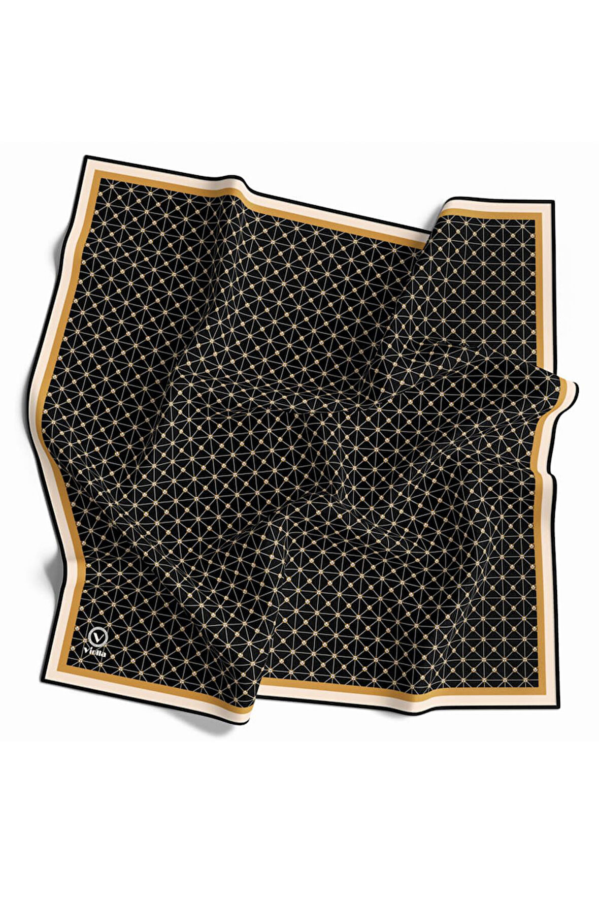 Twill Monogram Desenli Siyah - Gold Renkli 90x90 Eşarp (İpek İçermez) Kenar Dikiş Şekli El Dikişli