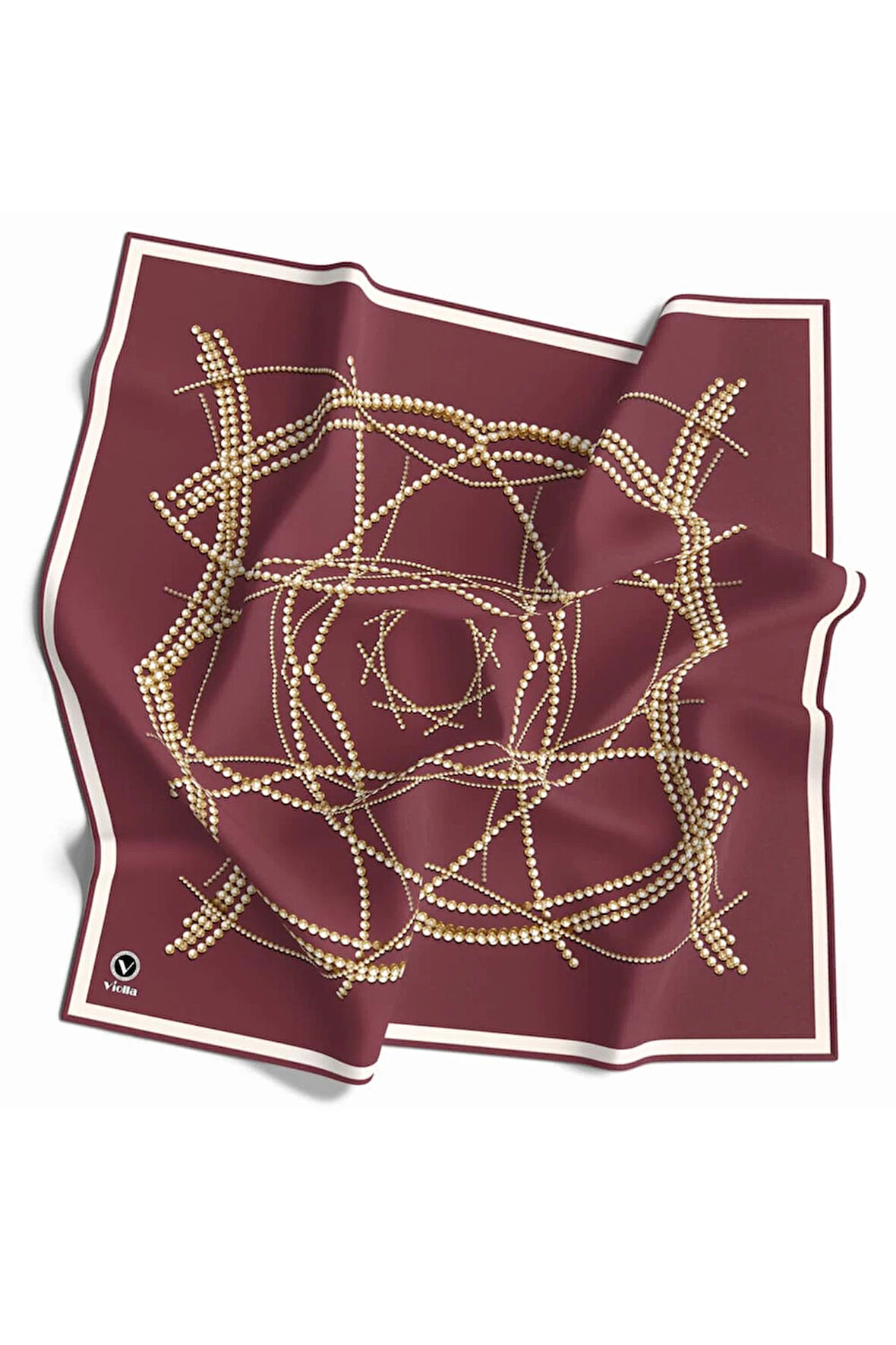 Twill Boncuk Desenli Gül Kurusu Renkli 90x90 Eşarp (İpek İçermez) Kenar Dikiş Şekli El Dikişli