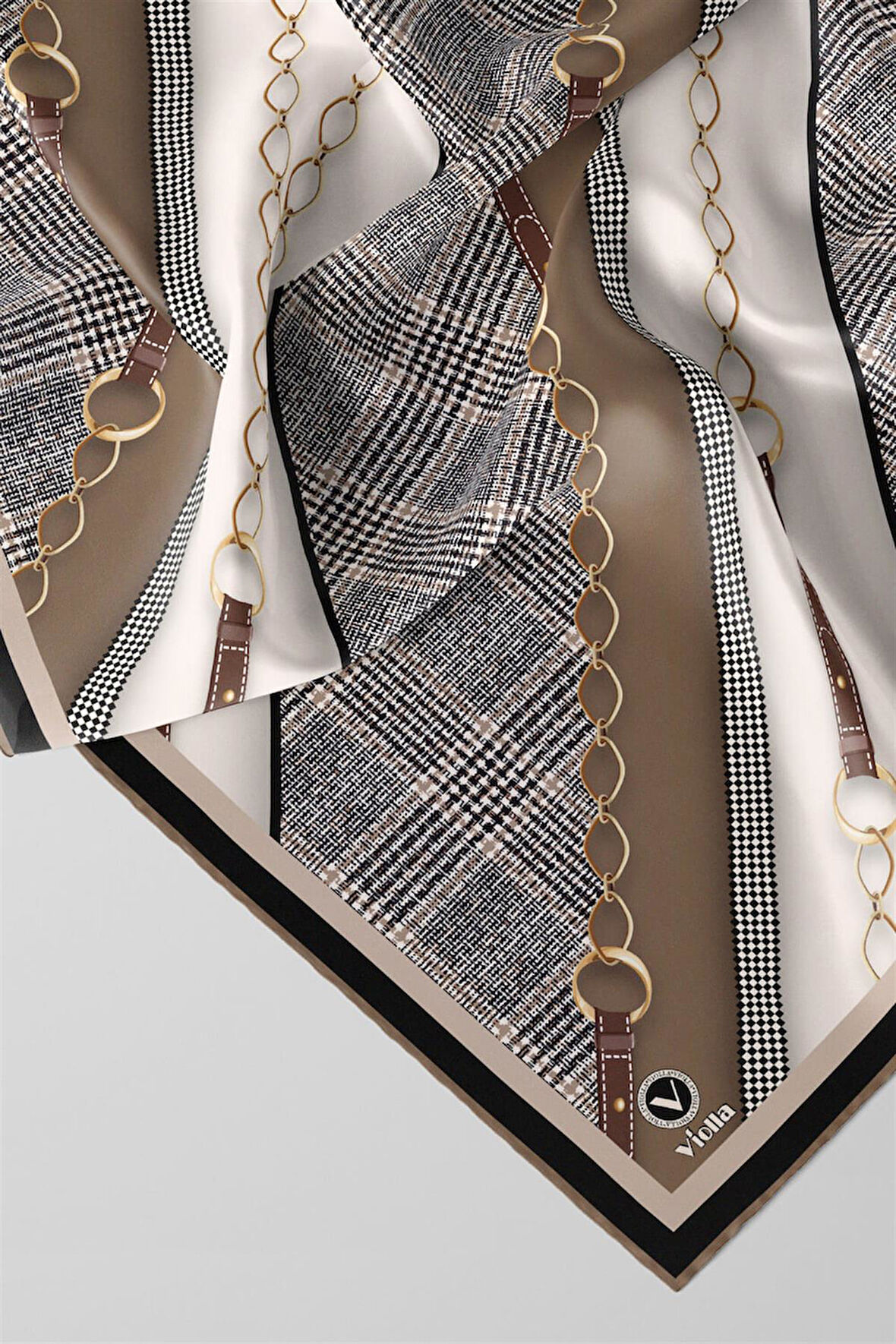 Twill Kemer Desenli Vizon Renkli 90x90 Eşarp (İpek İçermez) Kenar Dikiş Şekli El Dikişli