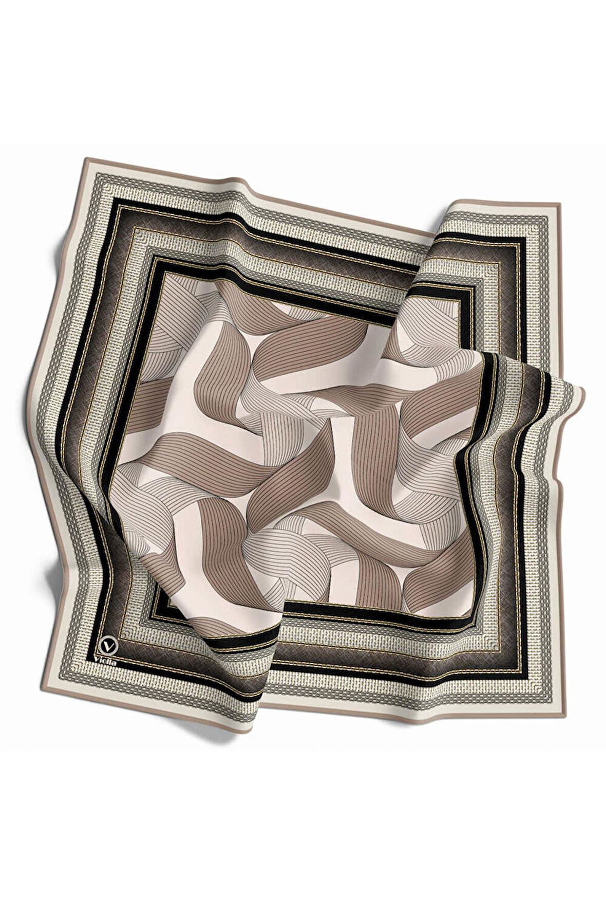 Twill Çizgi Desenli Bej Renkli 90x90 Eşarp (İpek İçermez) Kenar Dikiş Şekli El Dikişli