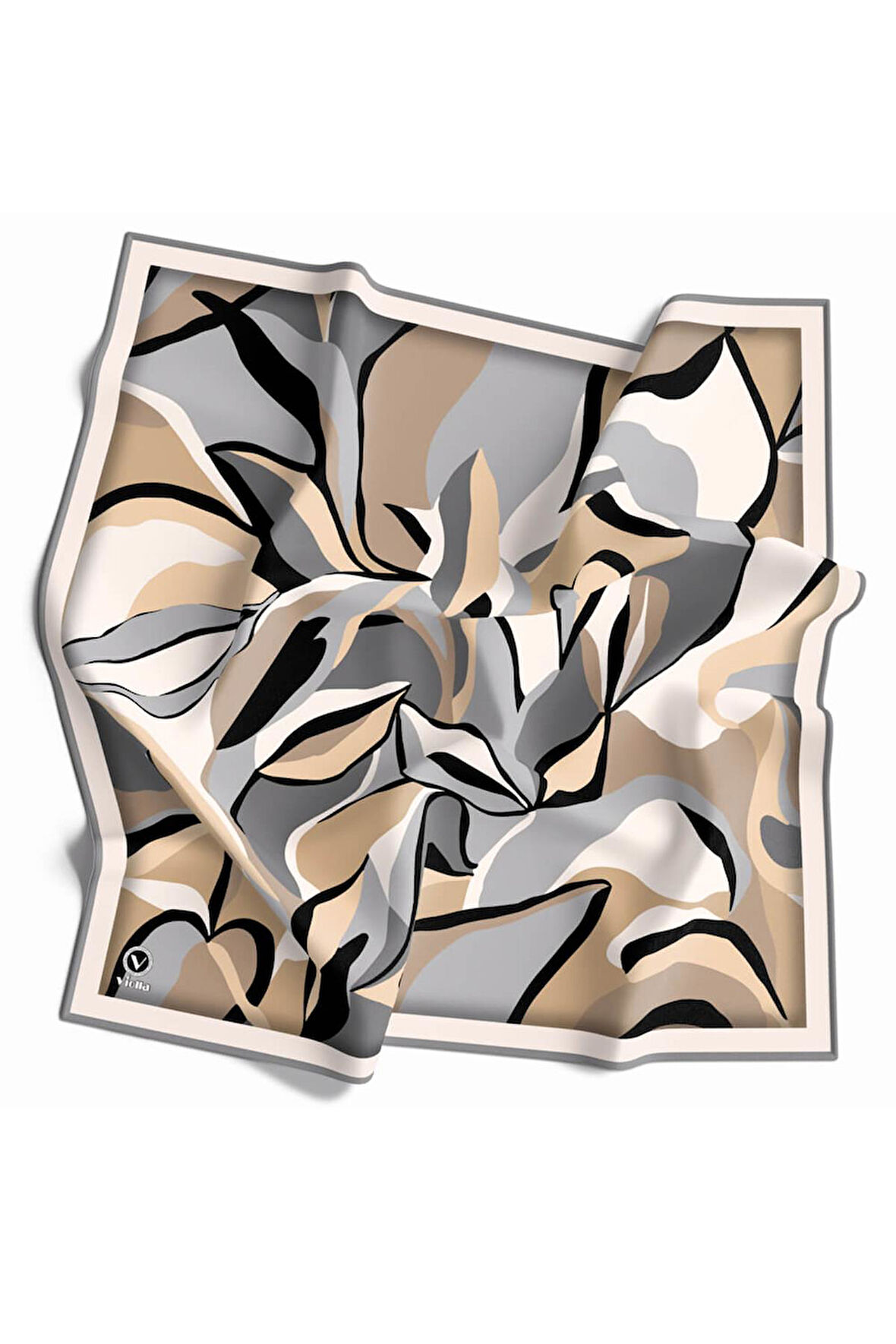 Twilll Büyük Yaprak Desenli Gri - Bej Renkli 90x90 Eşarp (İpek İçermez) Kenar Dikiş Şekli El Dikişli