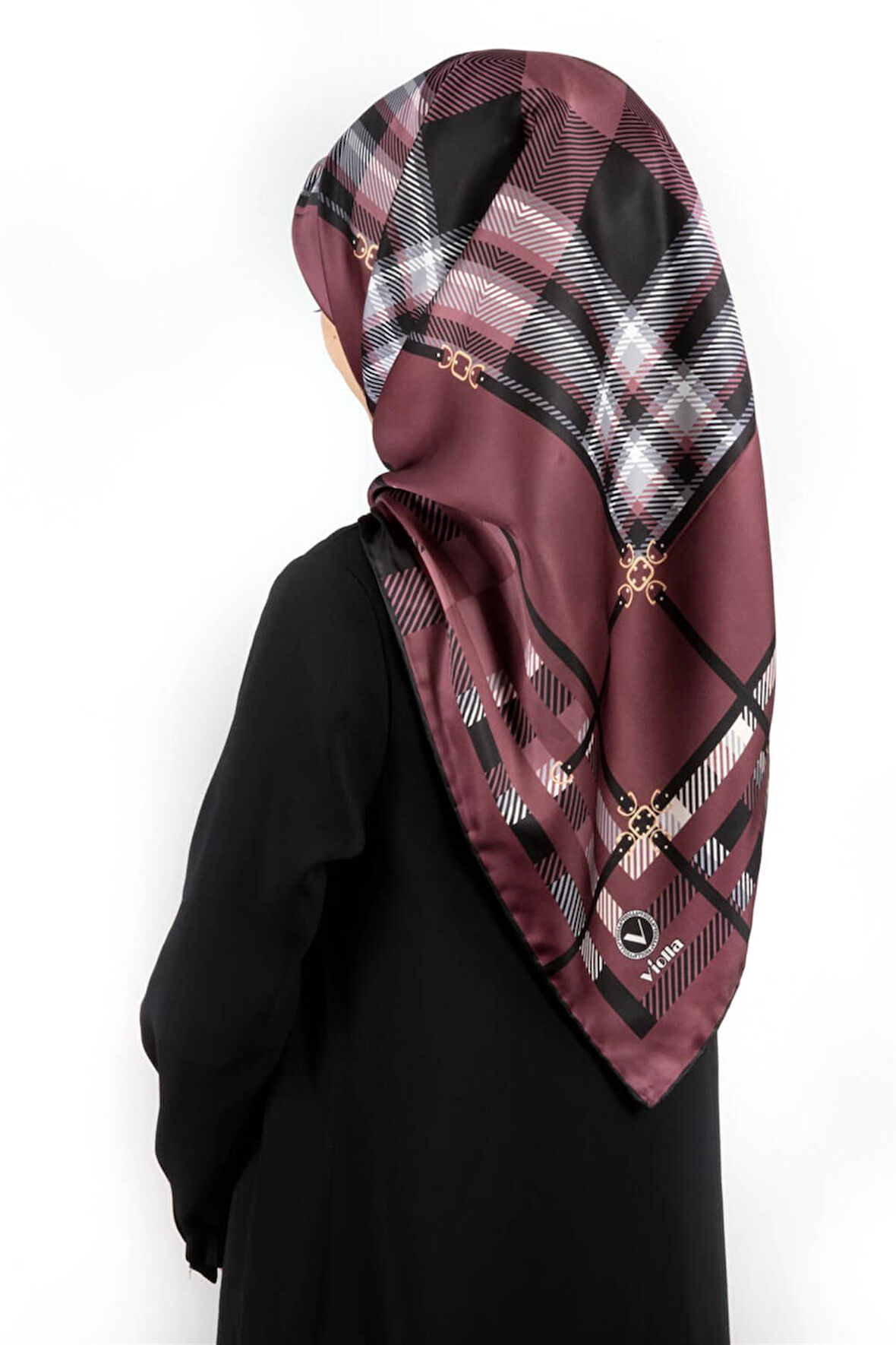 Twill Kemerli ve Ekose Desenli Gül Kurusu Renkli 90x90 Eşarp (İpek İçermez)Kenar Dikiş Şekli El Dikişli