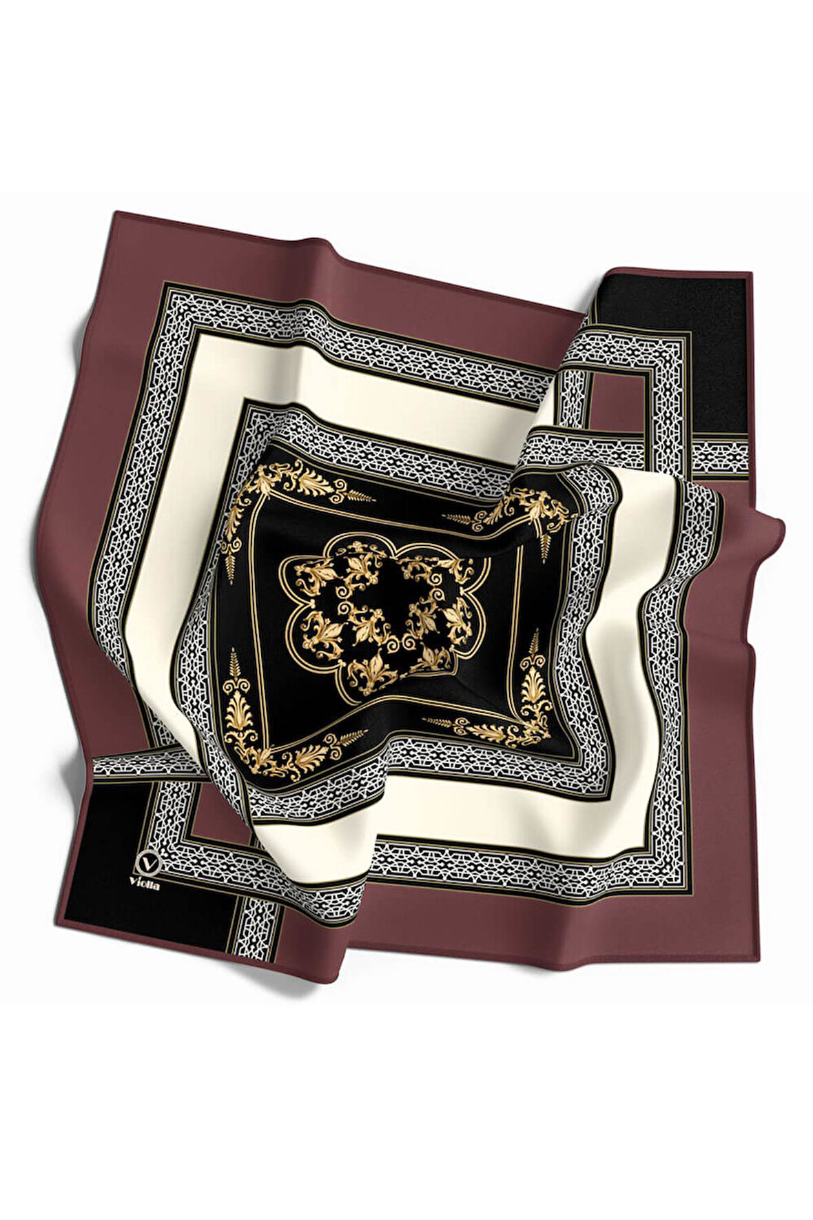 Twill Baroklu Bordür Desenli Gül Kurusu Renkli 90x90 Eşarp (İpek İçermez) Kenar Dikiş Şekli El Dikişli