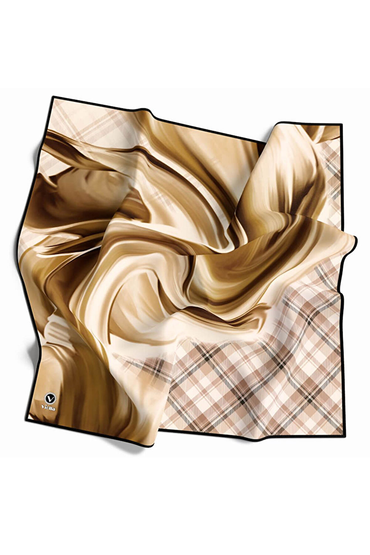 Twill Dalga ve Ekose Desenli Hardal Renkli 90x90 Eşarp (İpek İçermez)Kenar Dikiş Şekli El Dikişli