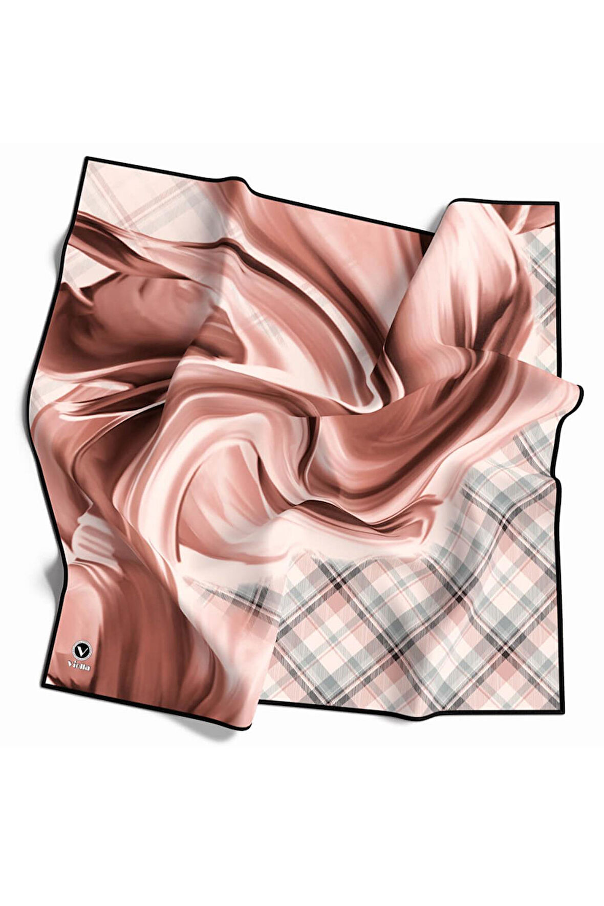 Twill Dalga ve Ekose Desenli Somon Renkli 90x90 Eşarp (İpek İçermez)Kenar Dikiş Şekli El Dikişli