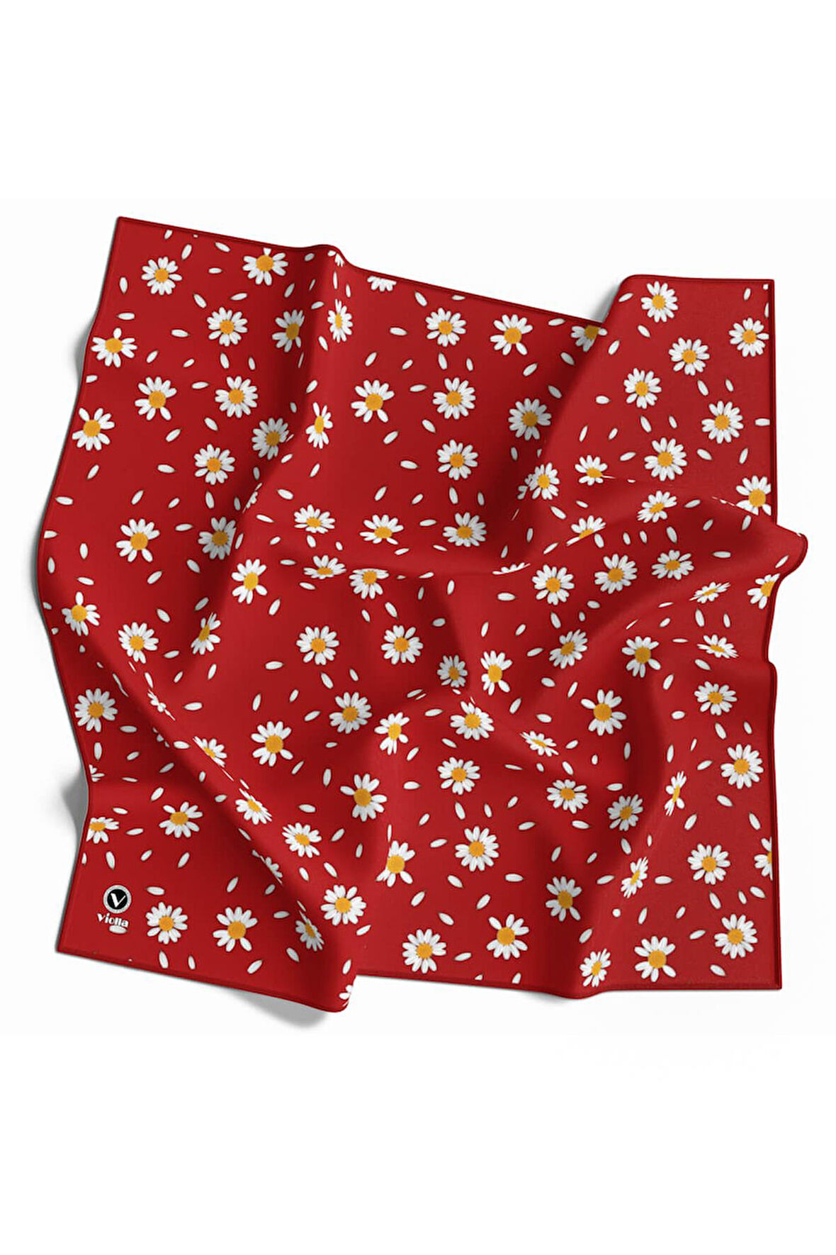 Twill Papatya Desenli Kırmızı Renkli 90x90 Eşarp (İpek İçermez) Kenar Dikiş Şekli El Dikişli