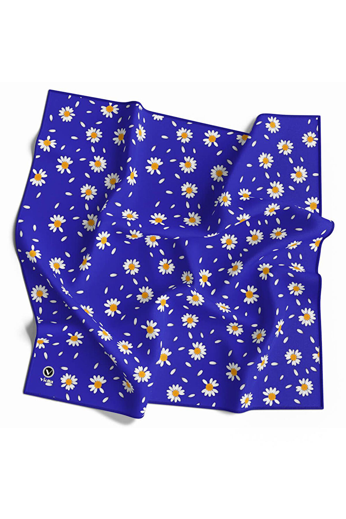 Twill Papatya Desenli Saks Renkli 90x90 Eşarp (İpek İçermez) Kenar Dikiş Şekli El Dikişli