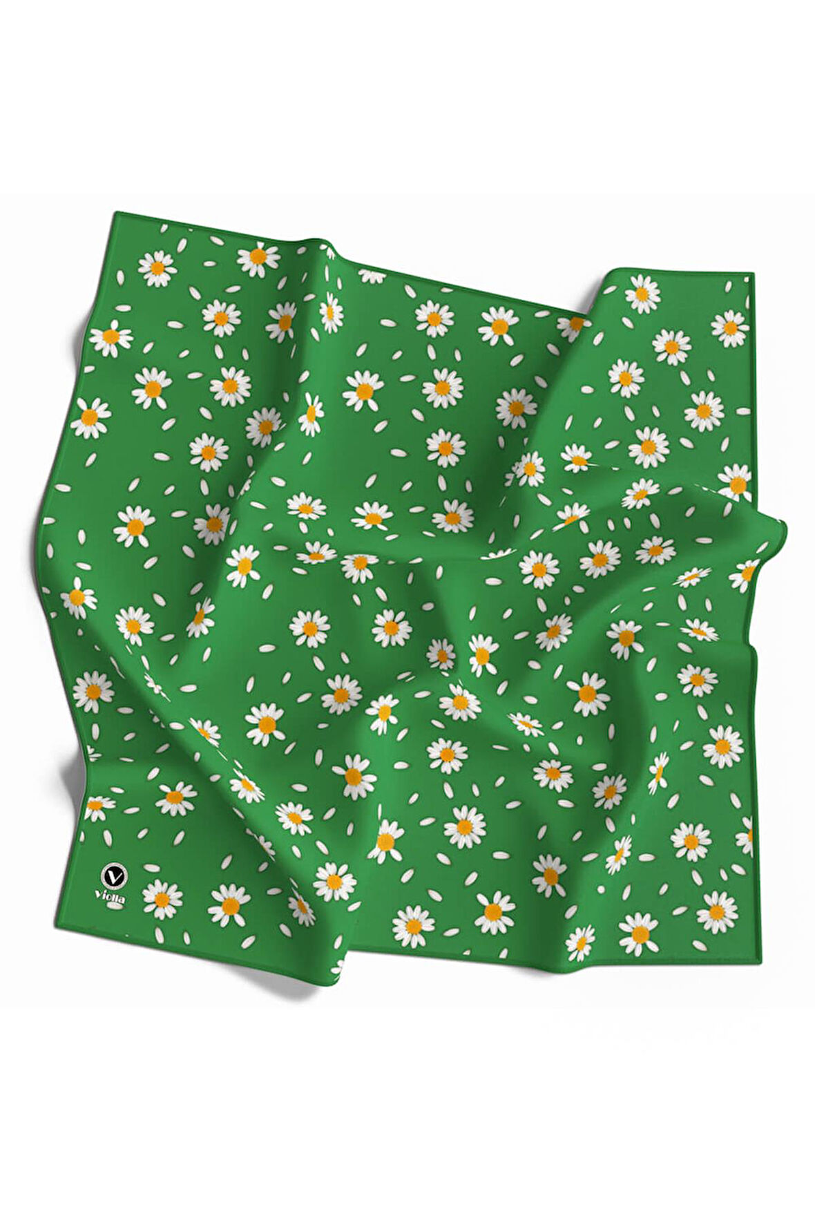 Twill Papatya Desenli Benetton Yeşili Renkli 90x90 Eşarp (İpek İçermez) Kenar Dikiş Şekli El Dikişli