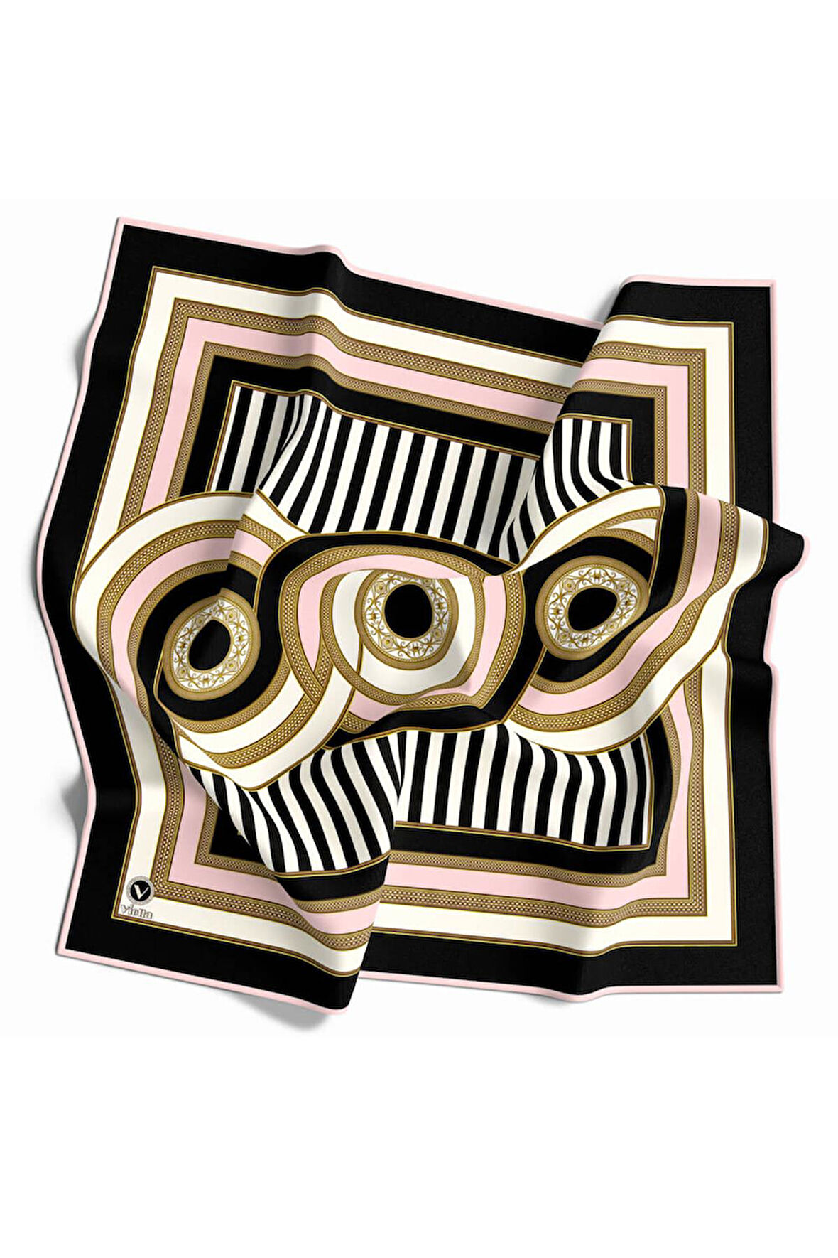 Twill Geometrik Desenli Pudra Renkli 90x90 Eşarp (İpek İçermez) Kenar Dikiş Şekli El Dikişli