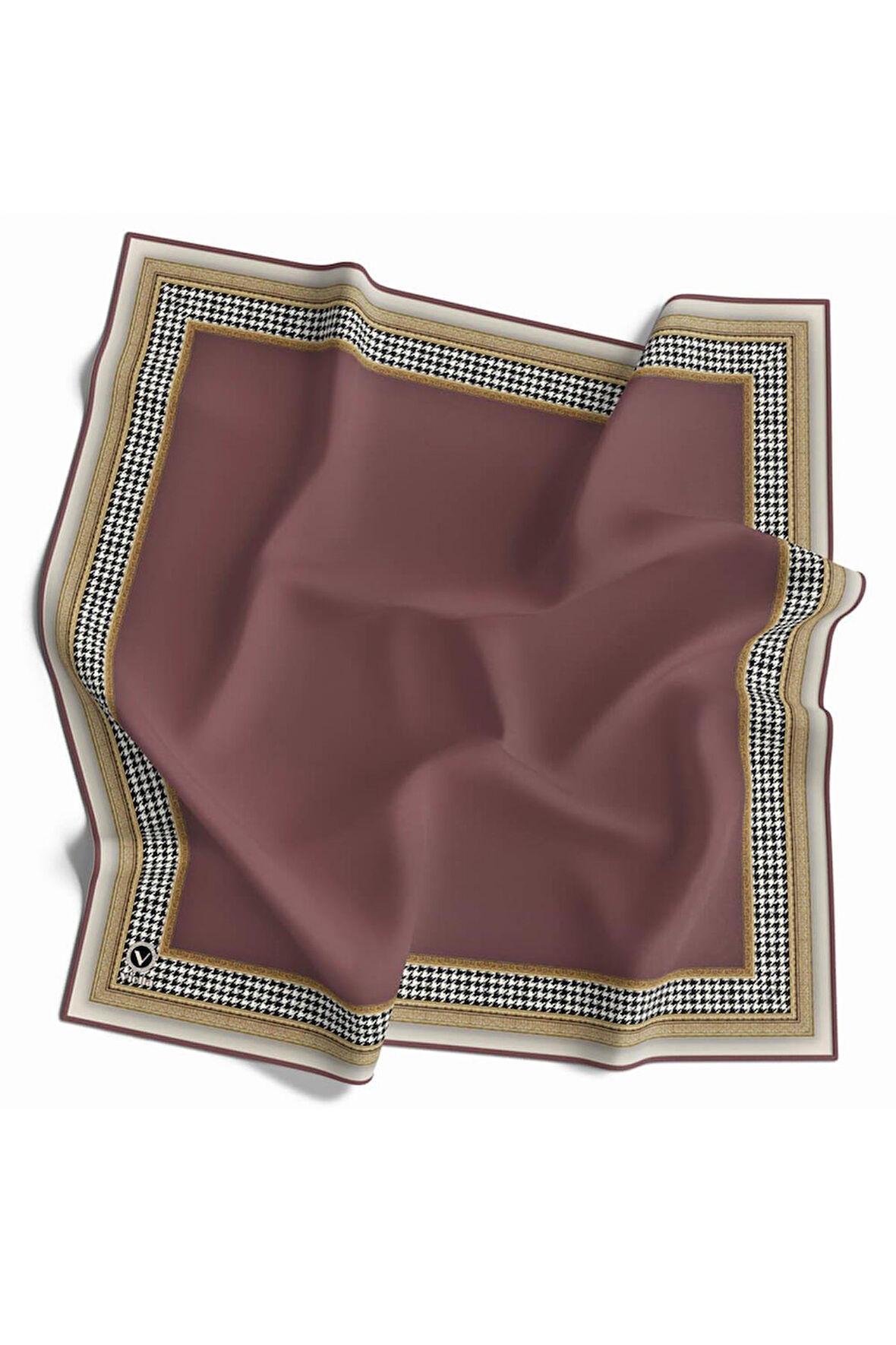 Twill Kazayak Bordür Desenli Gül Kurusu Renkli 90x90 Eşarp (İpek İçermez) Kenar Dikiş Şekli El Dikişli