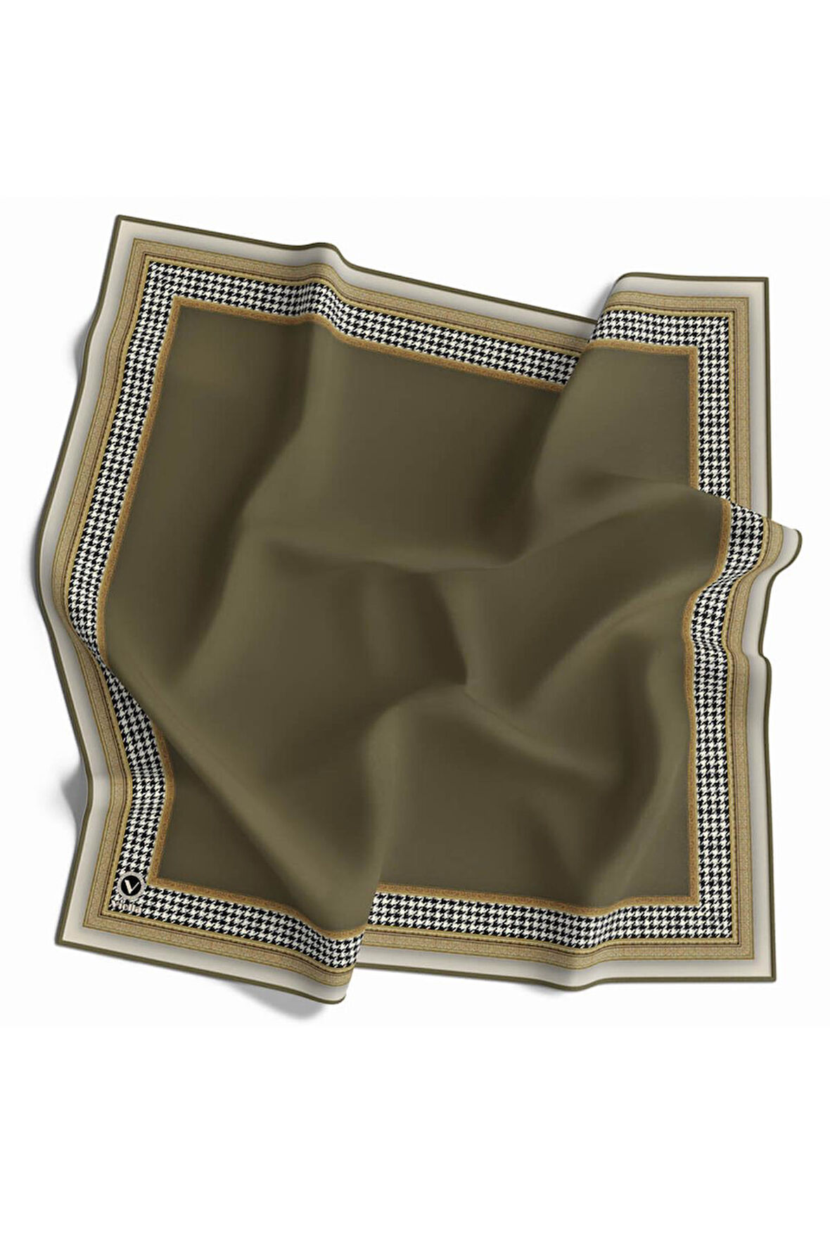 Twill Kazayak Bordür Desenli Haki Renkli 90x90 Eşarp (İpek İçermez) Kenar Dikiş Şekli El Dikişli