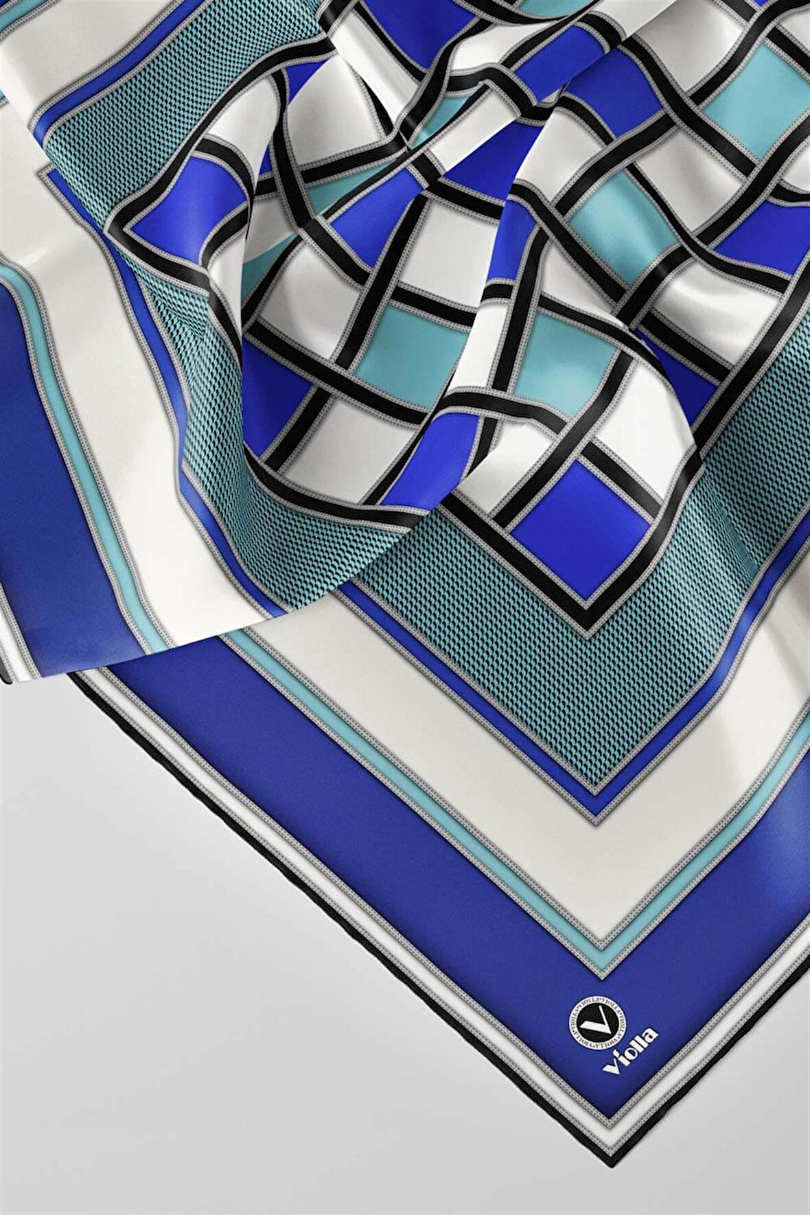 Twill Kare Desenli Saks - Su Yeşili  Renkli 90x90 Dikim Şekli : El Dikişi Eşarp (İpek İçermez)