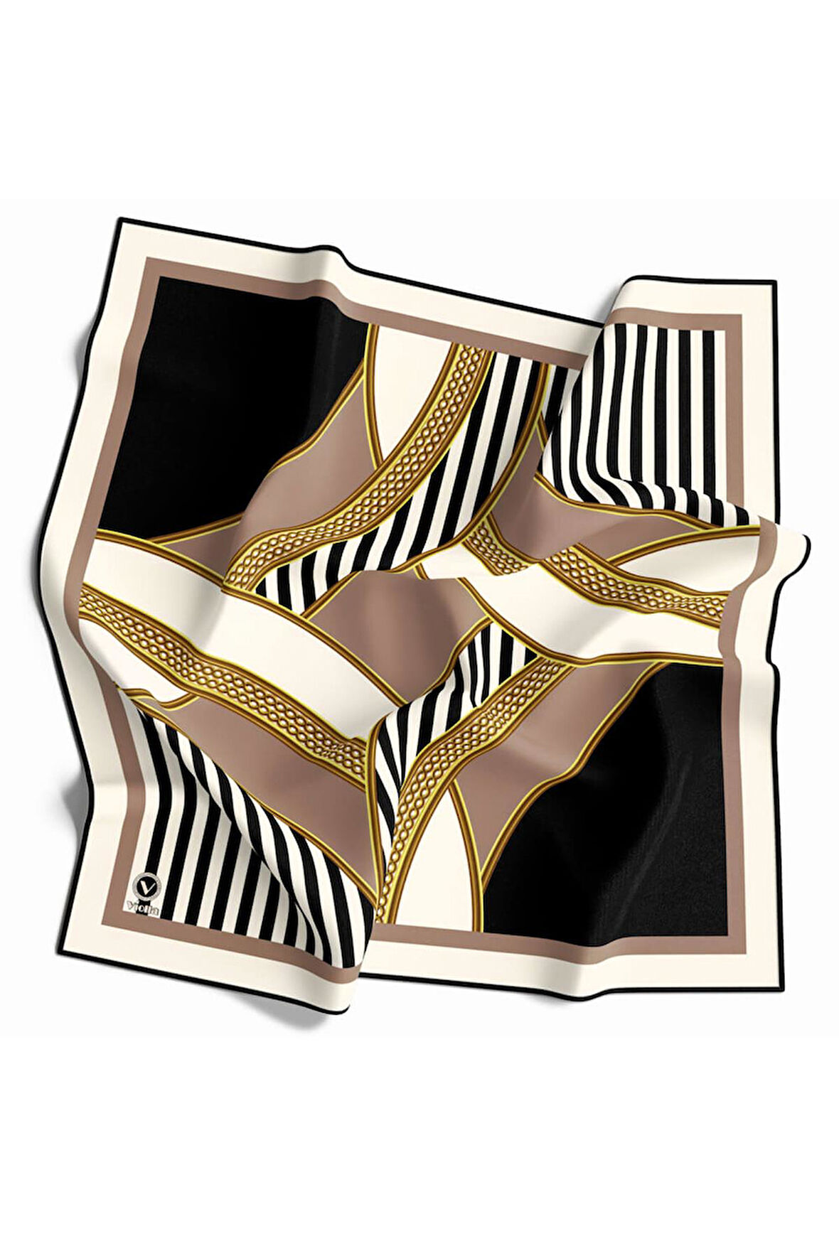 Twill Gold Detaylı Çizgili Geometrik Desenli Gül Kurusu Renkli 90x90 Eşarp (İpek İçermez) Dikim Şekli : El Dikişi