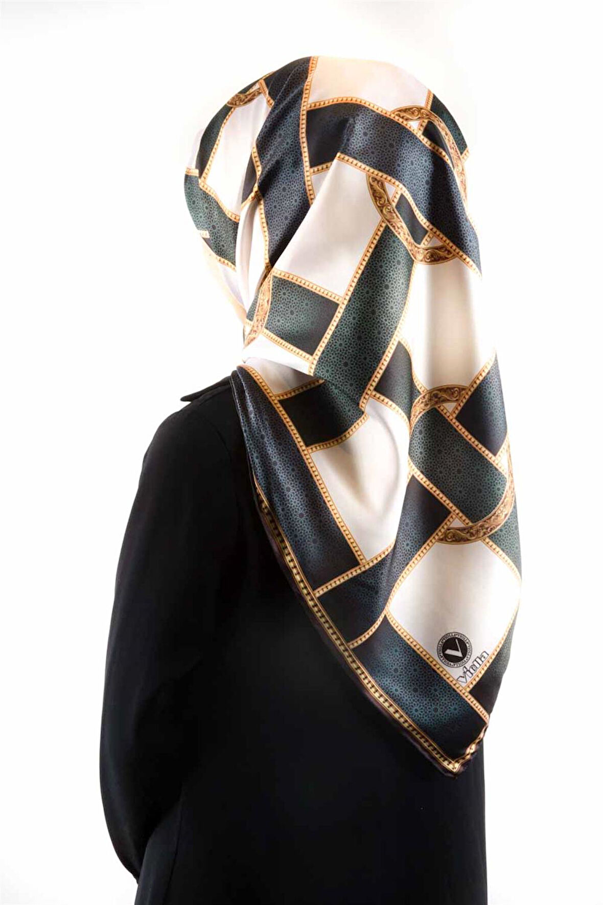 Twill Kemer Desenli İndigo - Petrol Yeşili Renkli 90x90 Eşarp (İpek İçermez) Dikim Şekli : El Dikişi