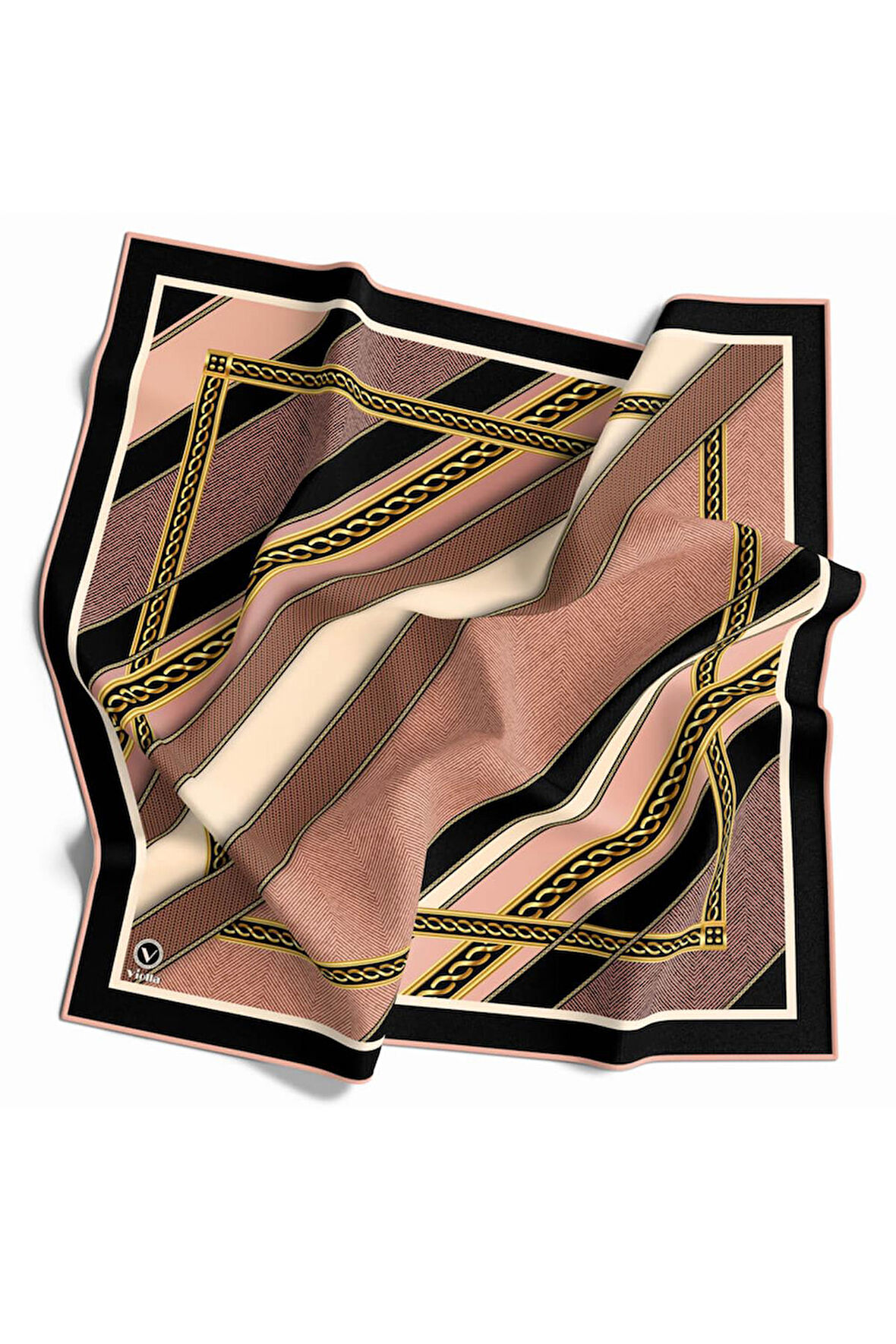 Twill Gold Çerçeveli Renkli Şerit Desenli Pudra Renkli 90x90 Eşarp (İpek İçermez) Dikim Şekli : El Dikişi