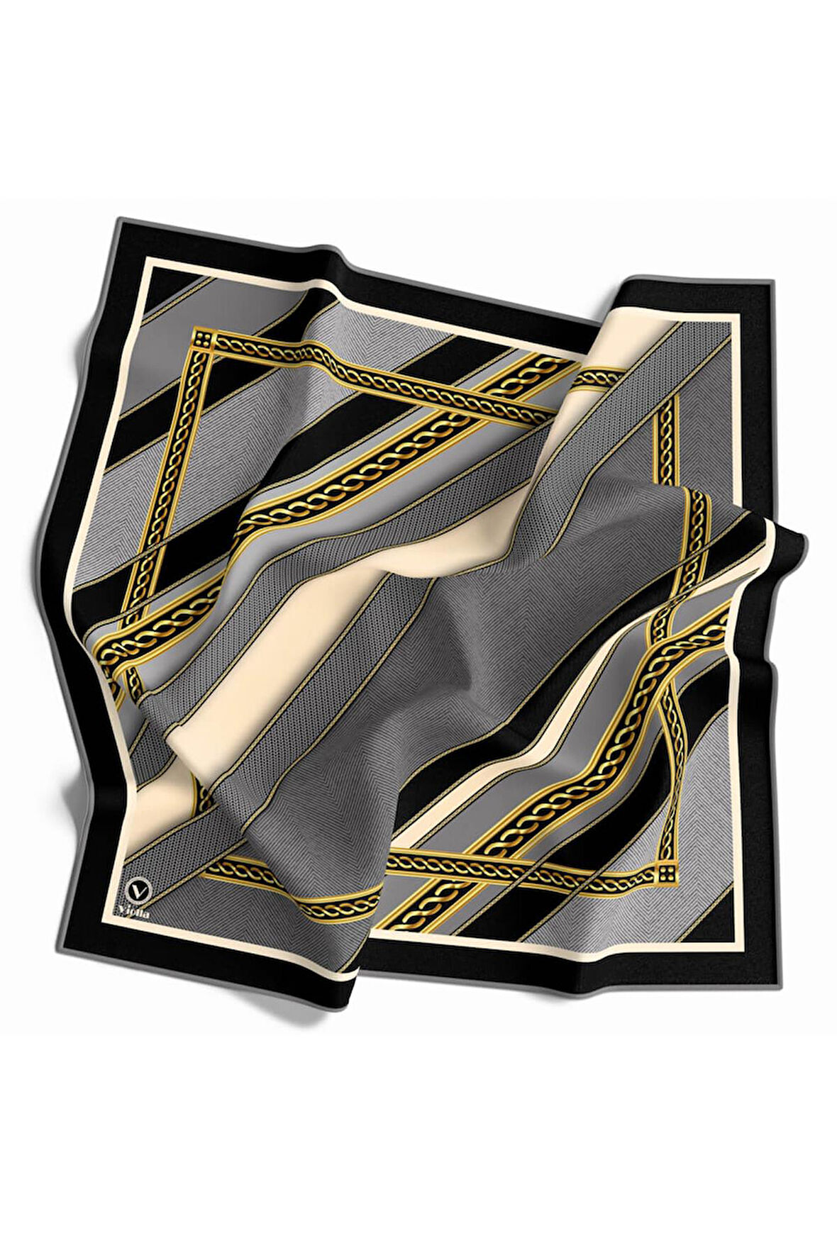 Twill Gold Çerçeveli Renkli Şerit Desenli Gri Renkli 90x90 Eşarp (İpek İçermez) Dikim Şekli : El Dikişi