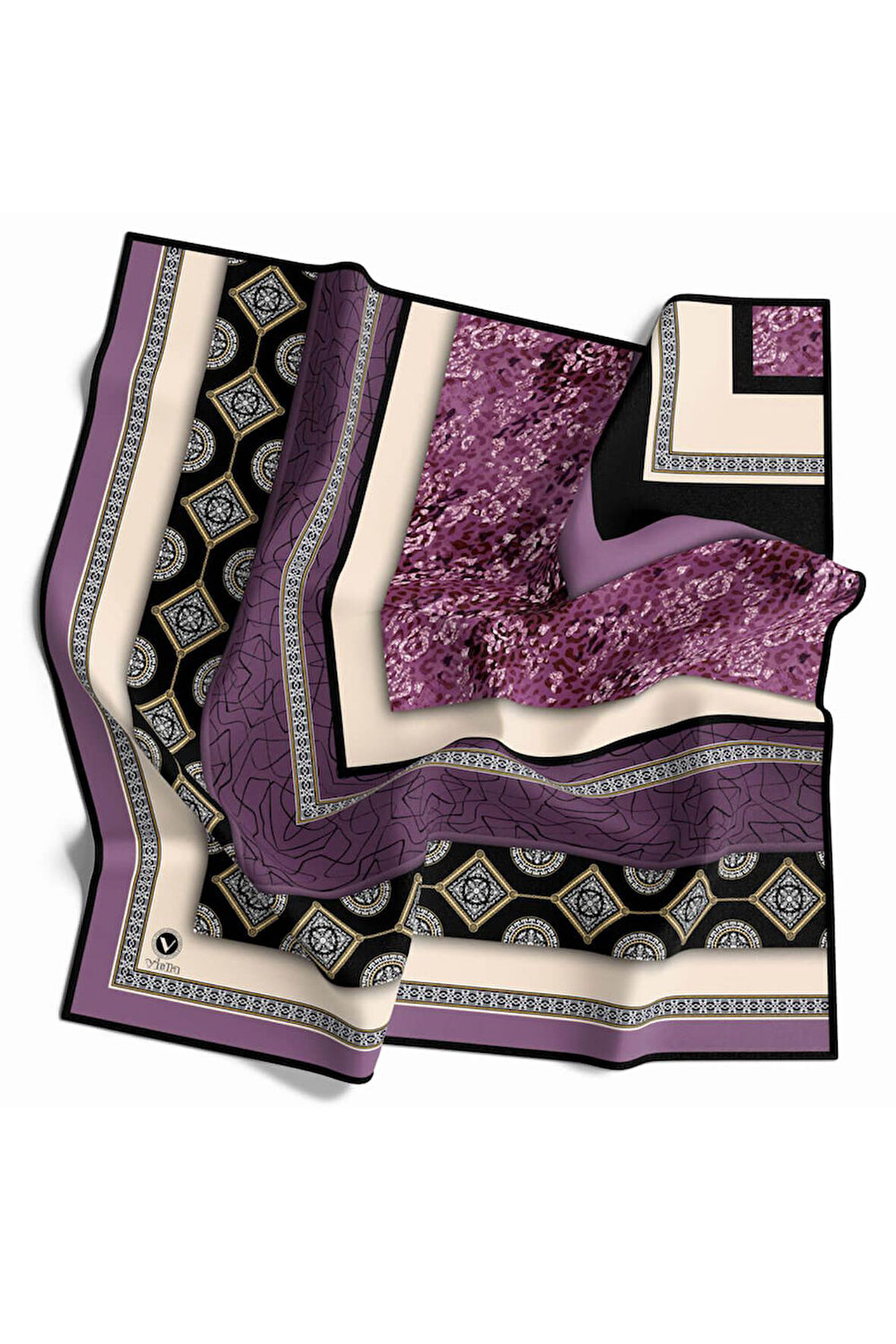 Twill Leopar ve Barok Desenli Lila Renkli 90x90 Eşarp (İpek İçermez) Dikim Şekli : El Dikişi