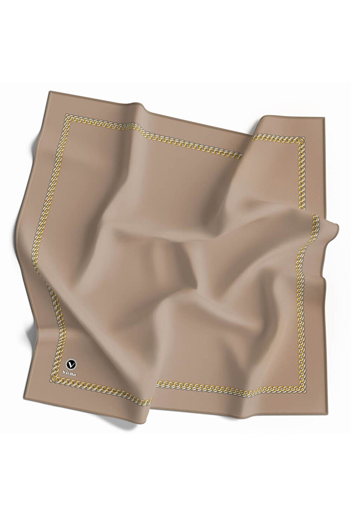 Twill Kenar Motifi Zincir Desenli Düz Bej Renkli 90x90 Dikim Şekli : El Dikişi Eşarp (İpek İçermez)