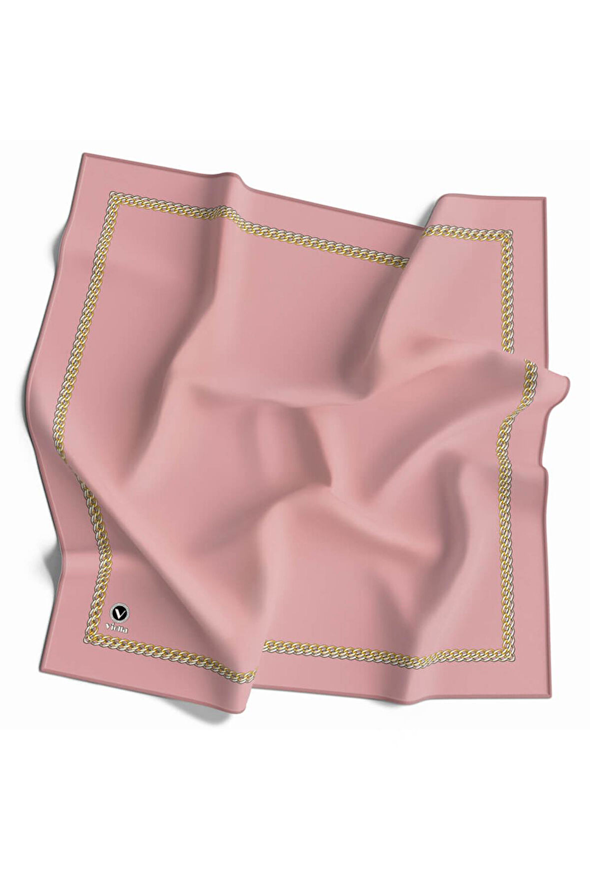 Twill Kenar Motifi Zincir Desenli Düz Pudra Renkli 90x90 Dikim Şekli : El Dikişi Eşarp (İpek İçermez)