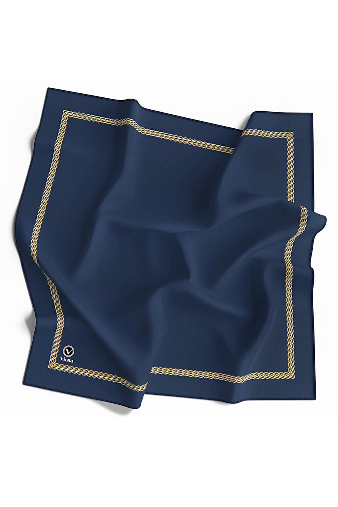 Twill Kenar Motifi Zincir Desenli Düz İndigo Renkli 90x90 Dikim Şekli : El Dikişi Eşarp (İpek İçermez)