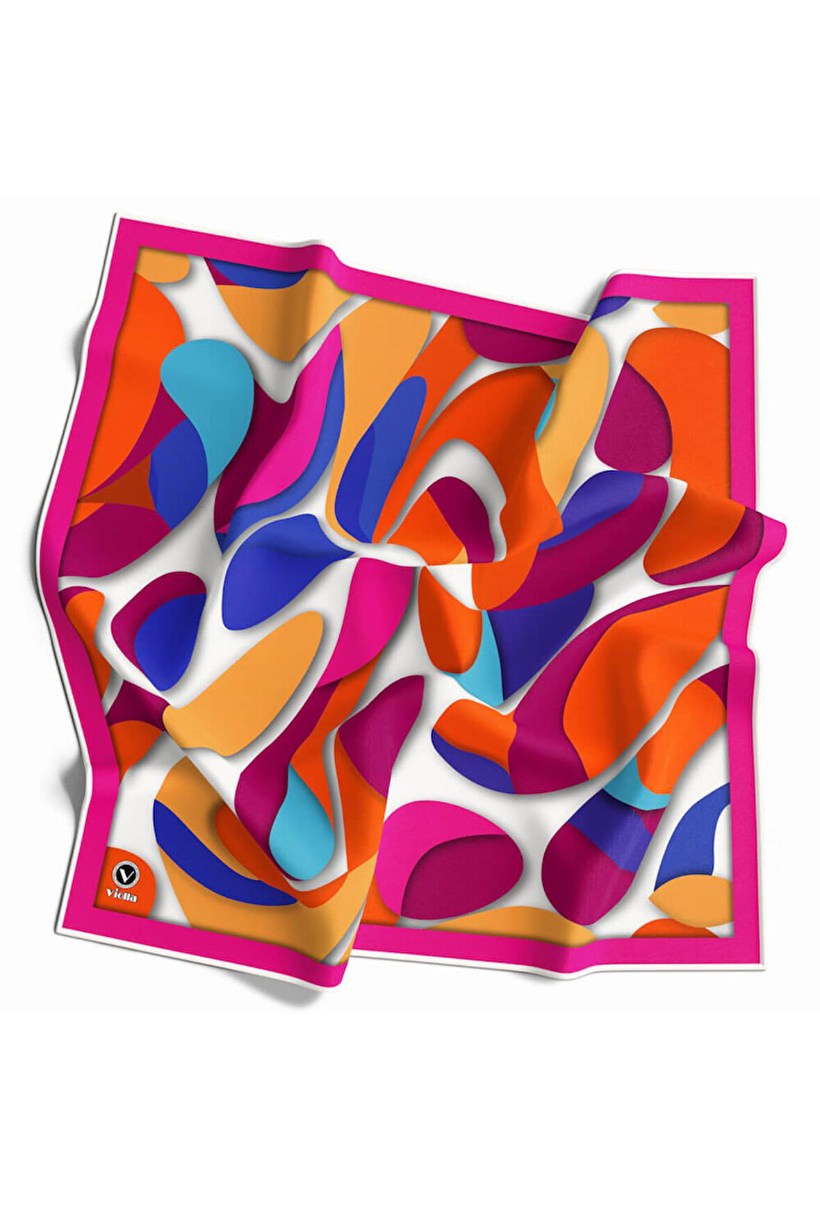 Twill Soyut Geometrik Desenli Fuşya - Turuncu Renkli 90x90 Eşarp (İpek İçermez) Dikim Şekli : El Dikişi