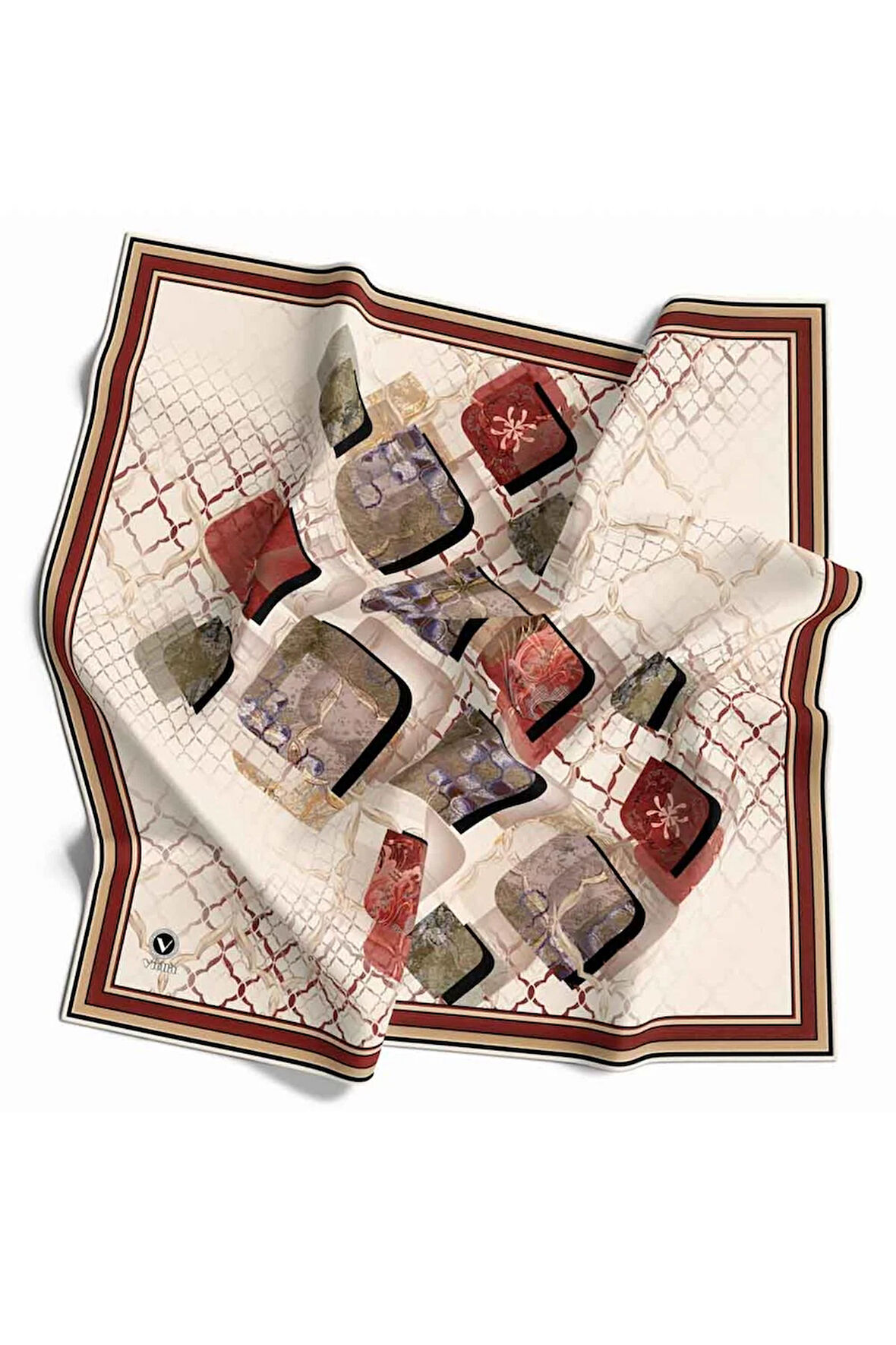 Kristal Geometrik Taş Desenli Krem - Bordo Renkli 90x90 Eşarp (İpek İçermez) Dikim Şekli : El Dikişi