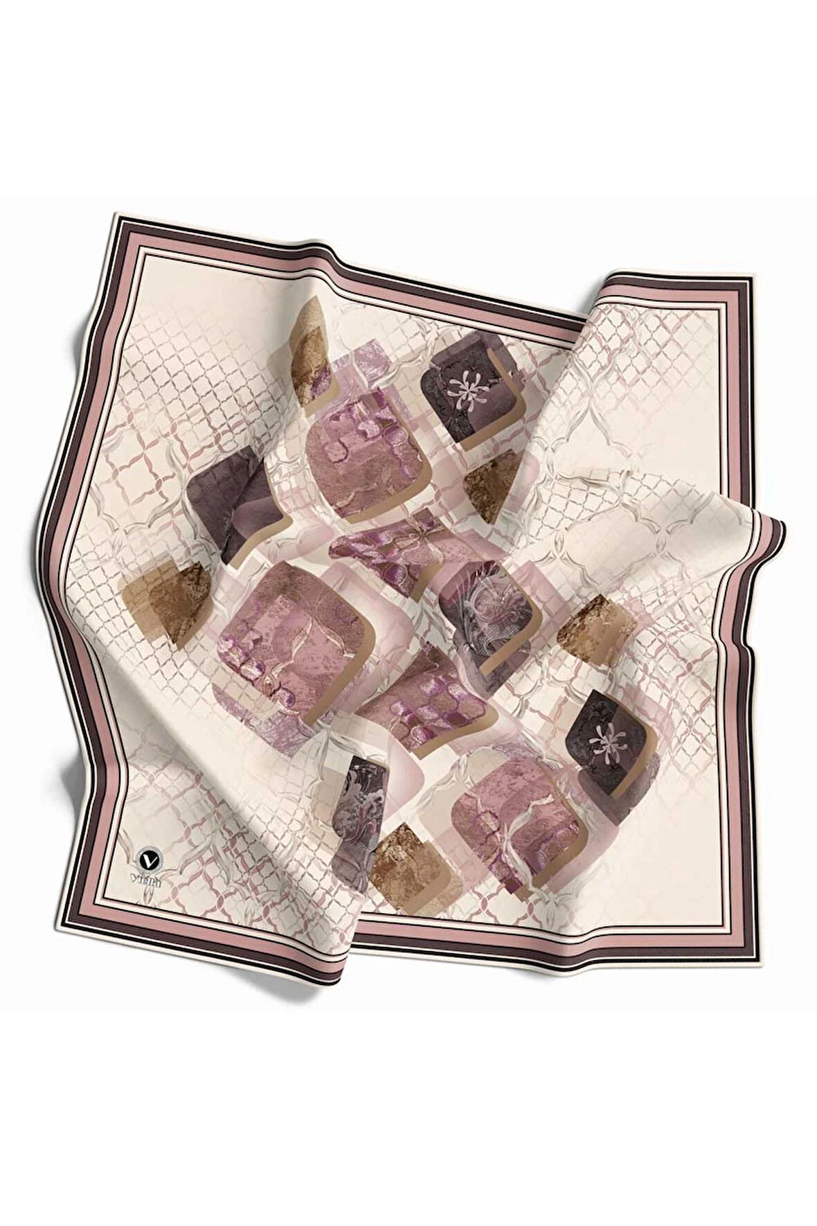 Kristal Geometrik Taş Desenli Krem - Pudra Renkli 90x90 Eşarp (İpek İçermez) Dikim Şekli : El Dikişi