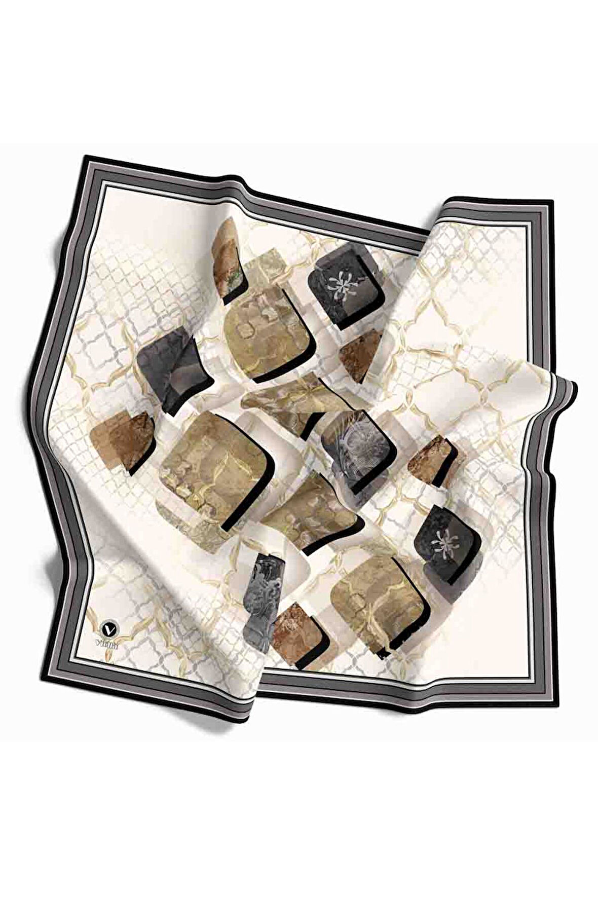 Kristal Geometrik Taş Desenli Bej - Füme Renkli 90x90 Eşarp (İpek İçermez) Dikim Şekli : El Dikişi