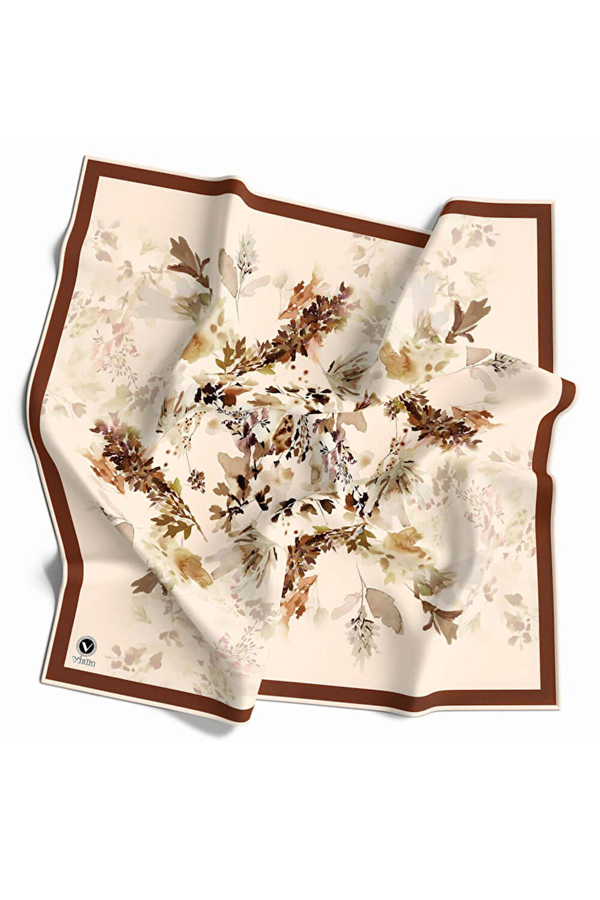 Kristal Sonbahar Yaprak Desenli Kahverengi Renkli 90x90 Eşarp (İpek İçermez) Kenar Dikiş Şekli El Dikişli