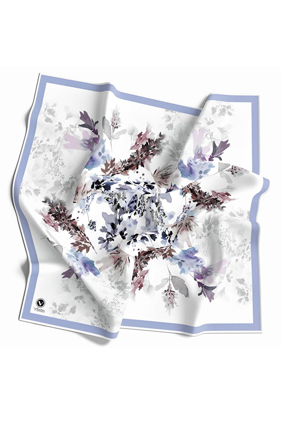 Kristal Sonbahar Yaprak Desenli Bebe Mavisi Renkli 90x90 Eşarp (İpek İçermez) Kenar Dikiş Şekli El Dikişli