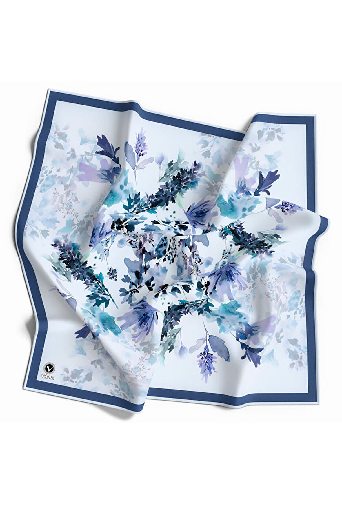 Kristal Sonbahar Yaprak Desenli İndigo Renkli 90x90 Eşarp (İpek İçermez) Kenar Dikiş Şekli El Dikişli