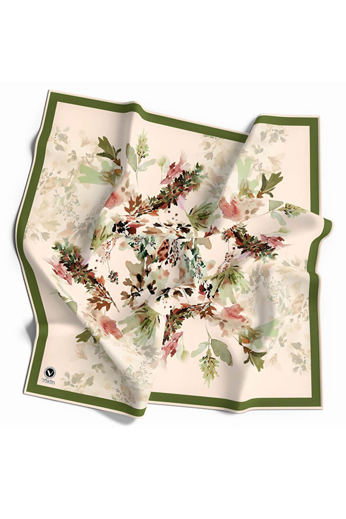 Kristal Sonbahar Yaprak Desenli Haki Renkli 90x90 Eşarp (İpek İçermez) Kenar Dikiş Şekli El Dikişli