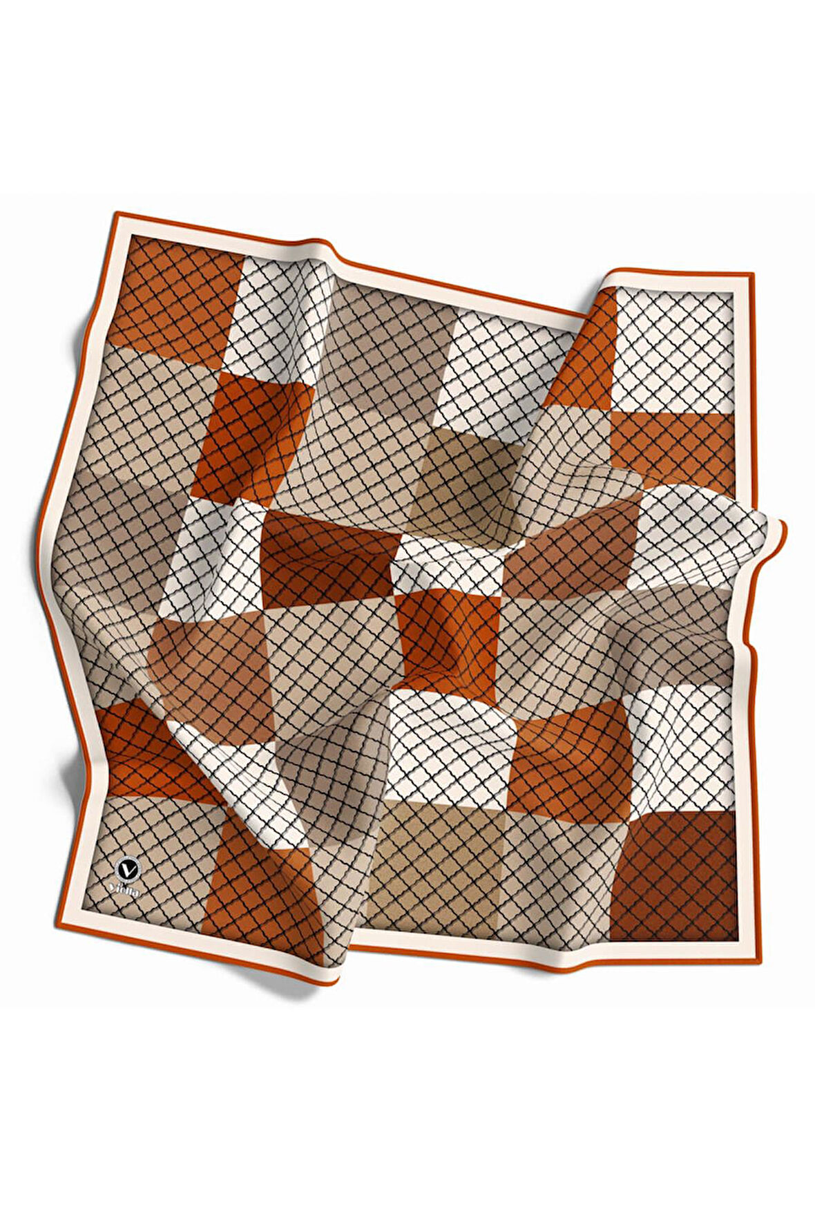 Twill Kare Desenli Taba Renkli 90x90 Eşarp (İpek İçermez) Kenar Dikiş Şekli El Dikişli