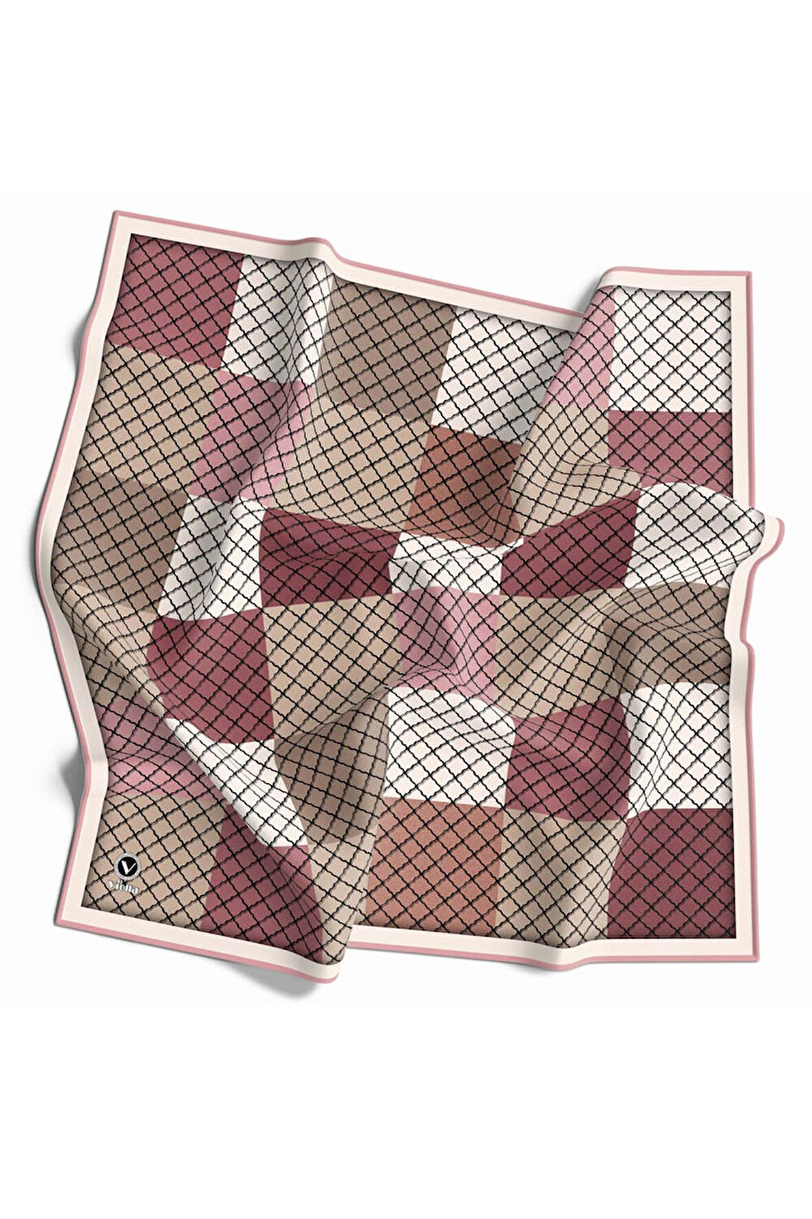 Twill Kare Desenli Pudra Renkli 90x90 Eşarp (İpek İçermez) Kenar Dikiş Şekli El Dikişli