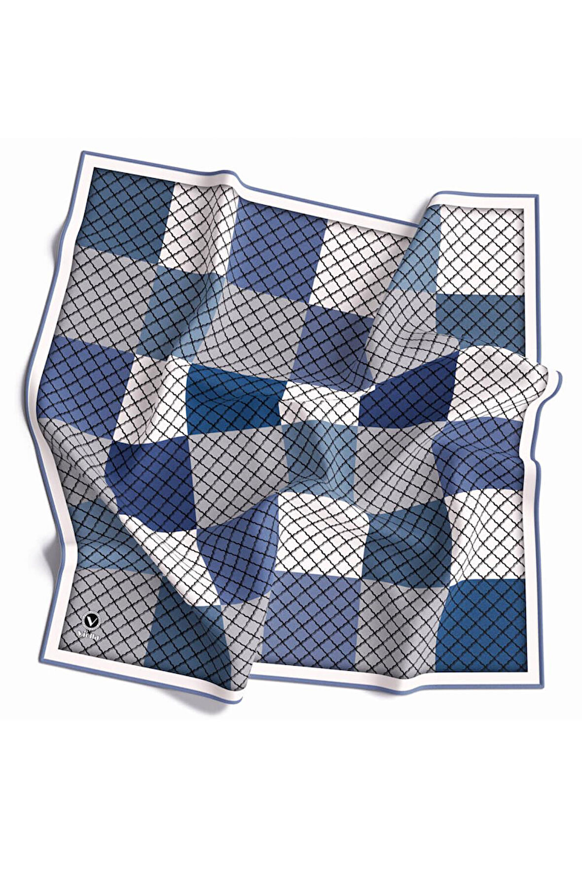 Twill Kare Desenli İndigo Renkli 90x90 Eşarp (İpek İçermez) Kenar Dikiş Şekli El Dikişli