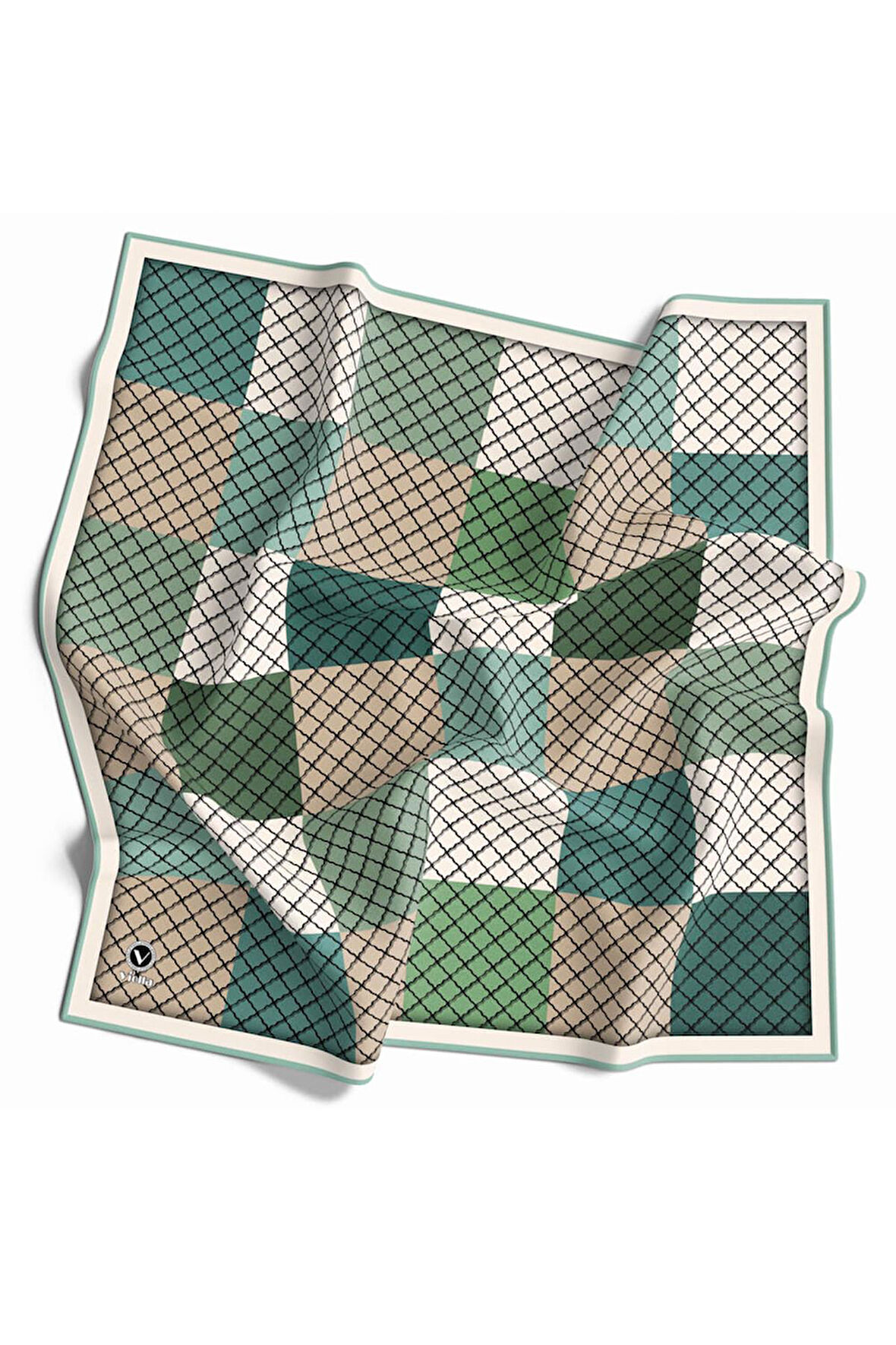 Twill Kare Desenli Koyu Mint Yeşili Renkli 90x90 Eşarp (İpek İçermez) Kenar Dikiş Şekli El Dikişli
