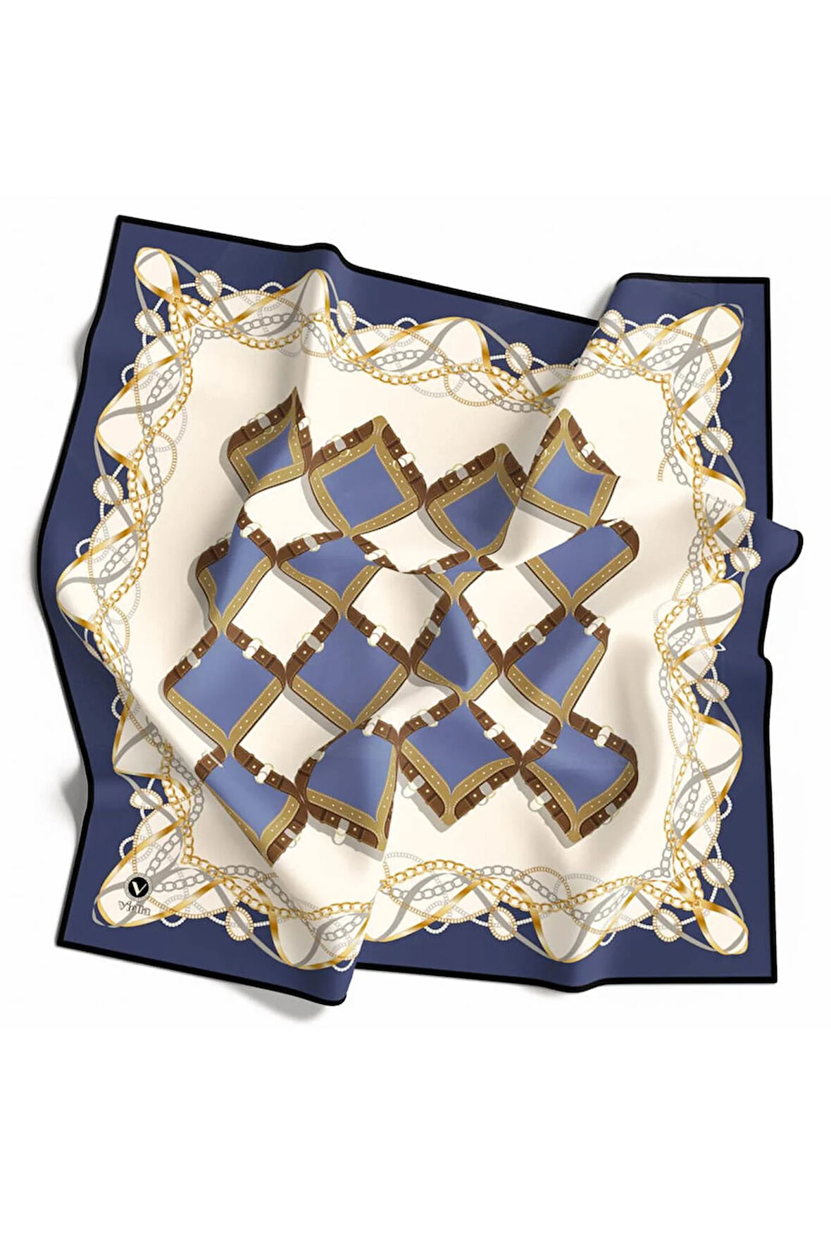 Twill Kemer Ve Zincir Desenli İndigo Renkli 90x90 Eşarp (İpek İçermez) Kenar Dikiş Şekli El Dikişli