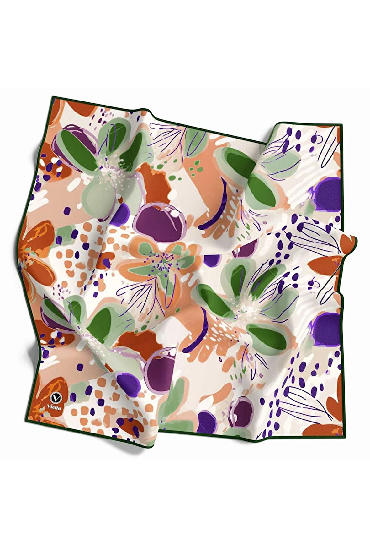 Twill Yumuşak Dokulu Çiçekli Batik Desenli Turuncu - Zümrüt Yeşili Renkli 90x90 Eşarp (İpek İçermez) Dikim Şekli : El Dikişi