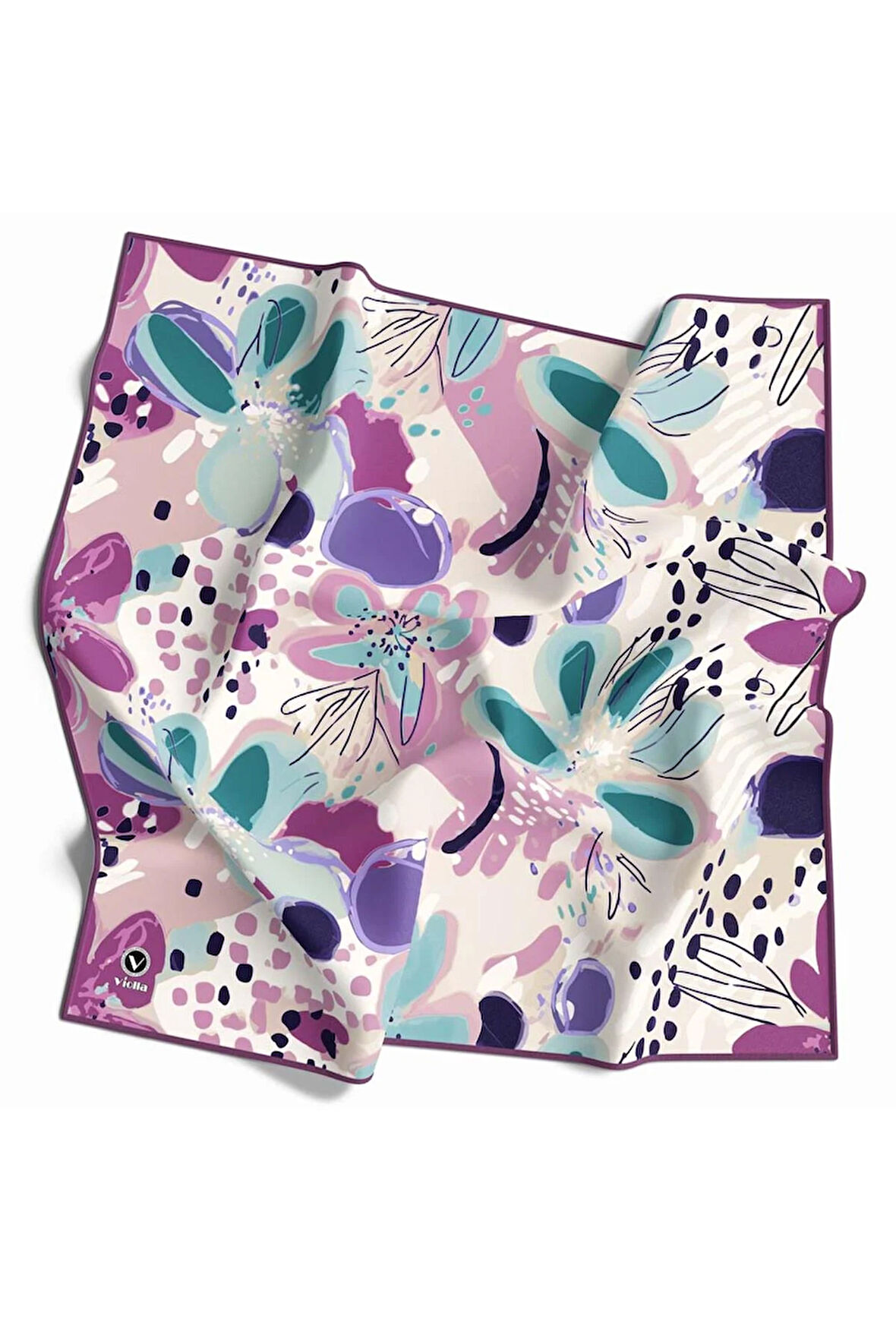 Twill Yumuşak Dokulu Çiçekli Batik Desenli Lila - Koyu Mint Yeşili Renkli 90x90 Eşarp (İpek İçermez) Dikim Şekli : El Dikişi