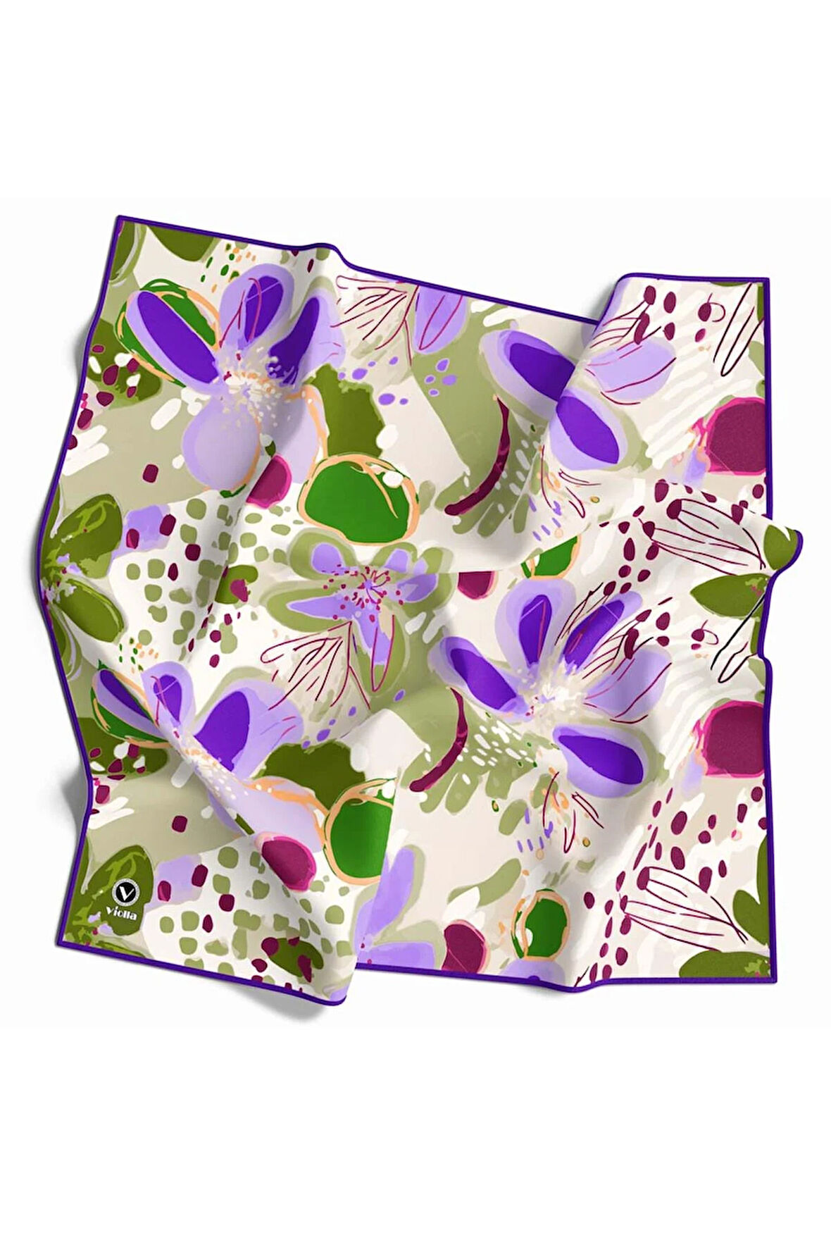 Twill Yumuşak Dokulu Çiçekli Batik Desenli Haki - Turuncu Renkli 90x90 Eşarp (İpek İçermez) Dikim Şekli : El Dikişi