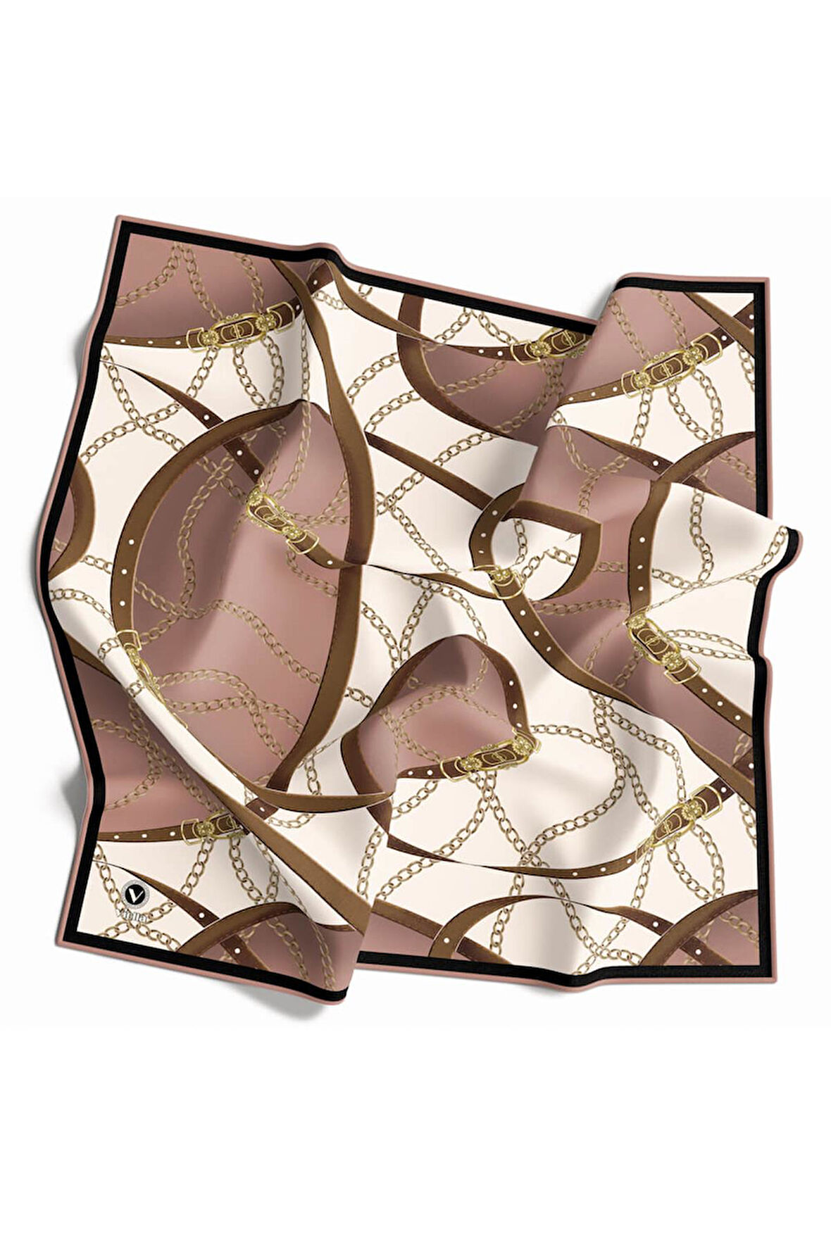 Twill Kemer ve Zincir Desenli Pudra Renkli 90x90 Eşarp (İpek İçermez) Kenar Dikiş Şekli El Dikişli