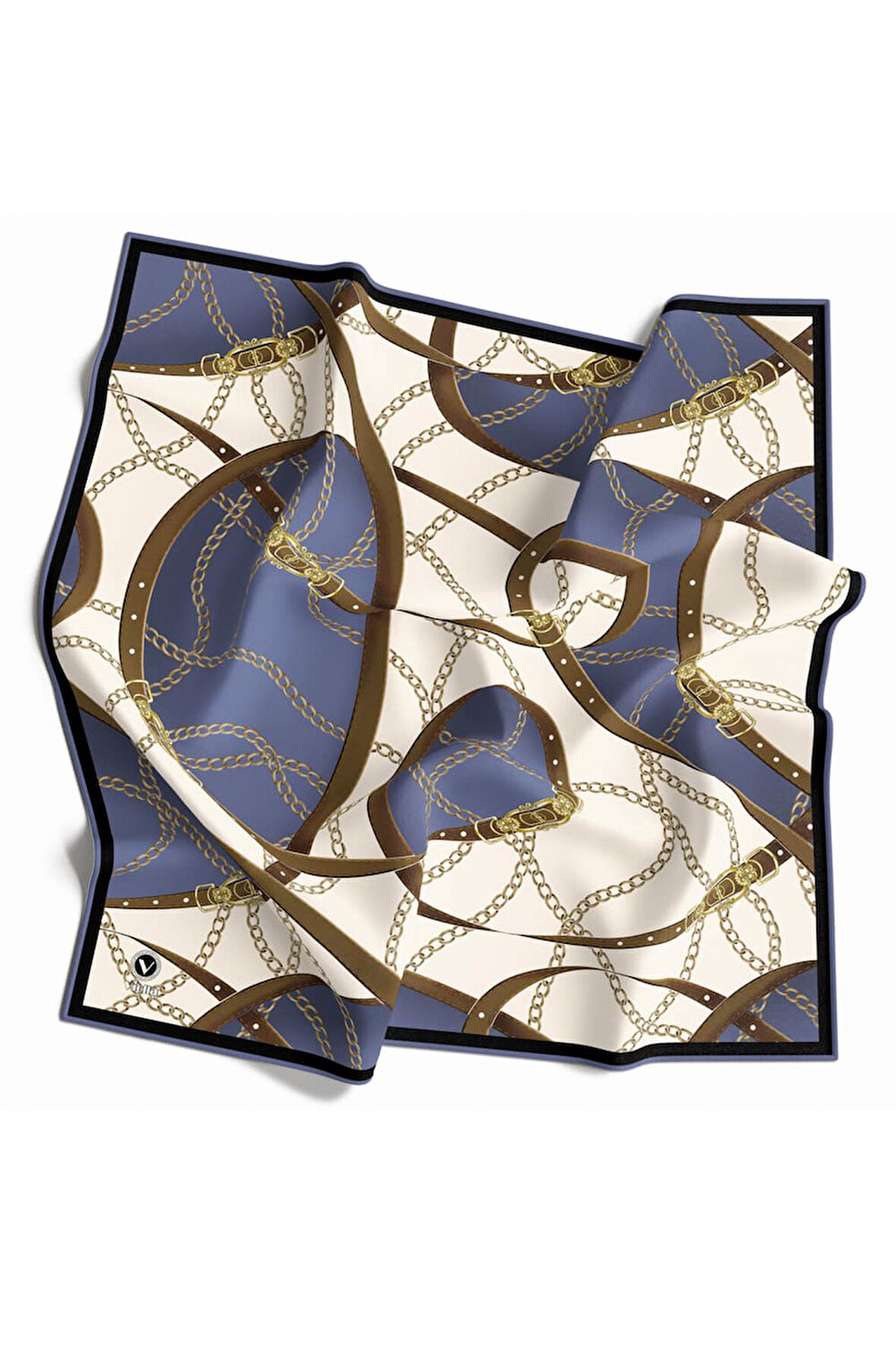 Twill Kemer ve Zincir Desenli İndigo Renkli 90x90 Eşarp (İpek İçermez) Kenar Dikiş Şekli El Dikişli