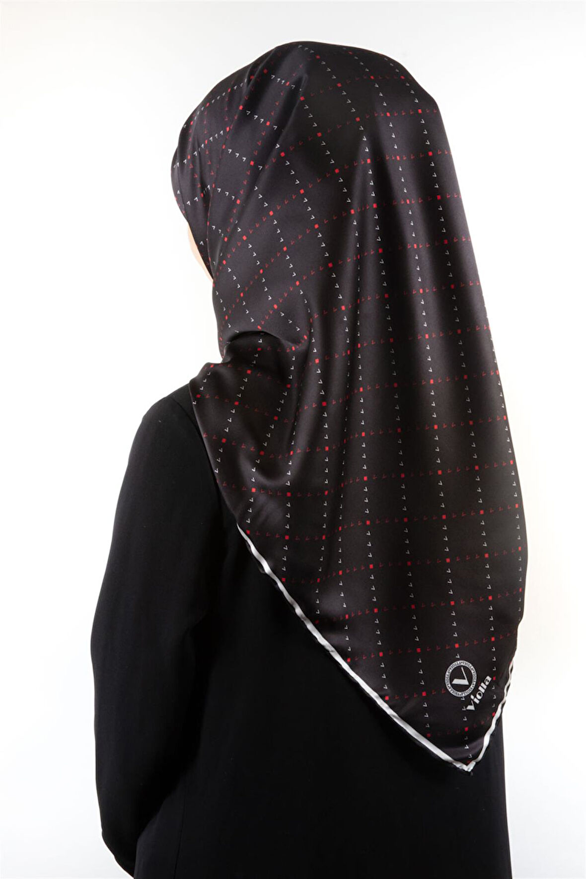 Twill Noktalı V Desenli Siyah - Bordo Renkli 90x90 Eşarp (İpek İçermez) Kenar Dikiş Şekli El Dikişli