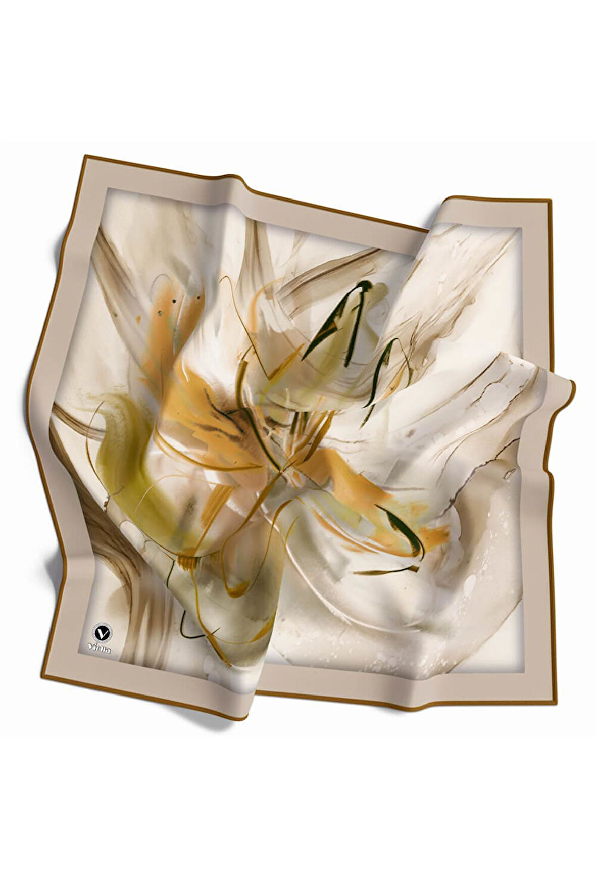 Twill Çiçek Tablo Desenli Hardal Renkli 90x90 Eşarp (İpek İçermez) Kenar Dikiş Şekli El Dikişli