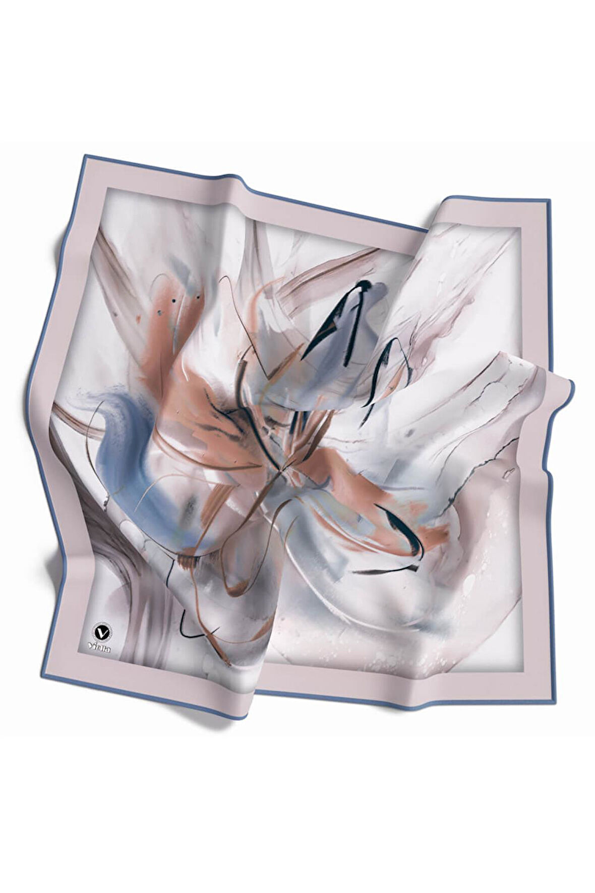 Twill Çiçek Tablo Desenli İndigo Renkli 90x90 Eşarp (İpek İçermez) Kenar Dikiş Şekli El Dikişli