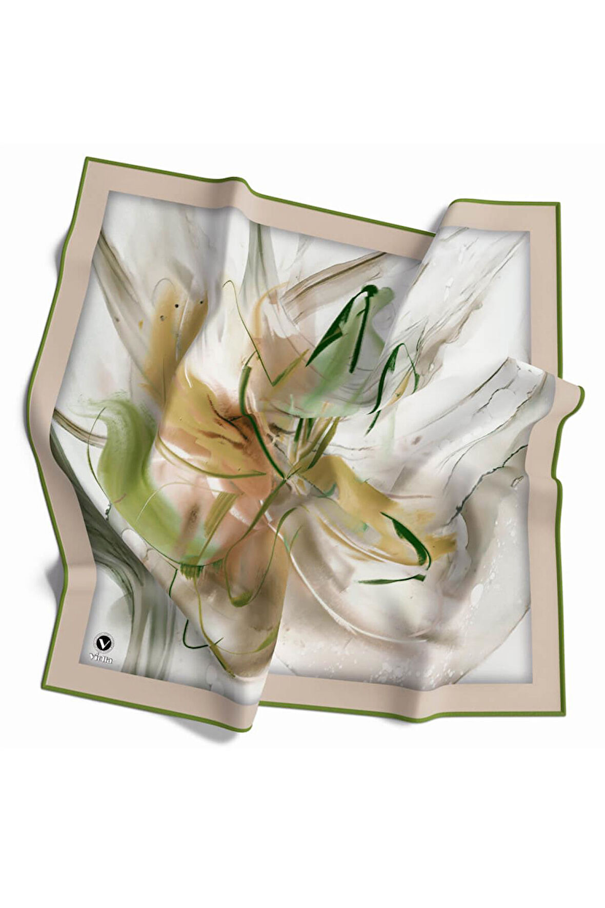 Twill Çiçek Tablo Desenli Haki Yeşili Renkli 90x90 Eşarp (İpek İçermez) Kenar Dikiş Şekli El Dikişli